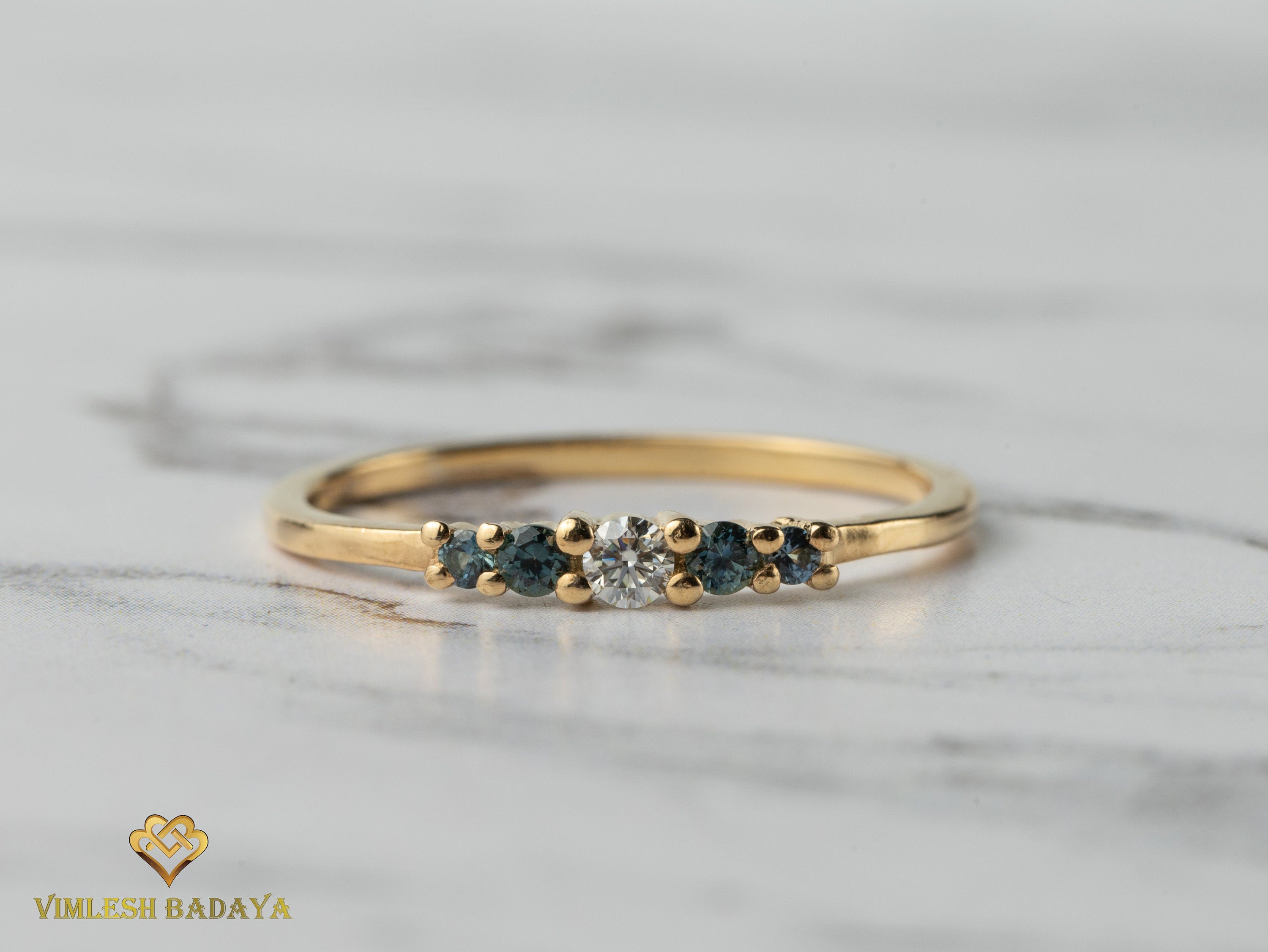 Teal Sapphire Diamond Stacking Ring | Dainty Australian Sapphire | Stackable Ring -