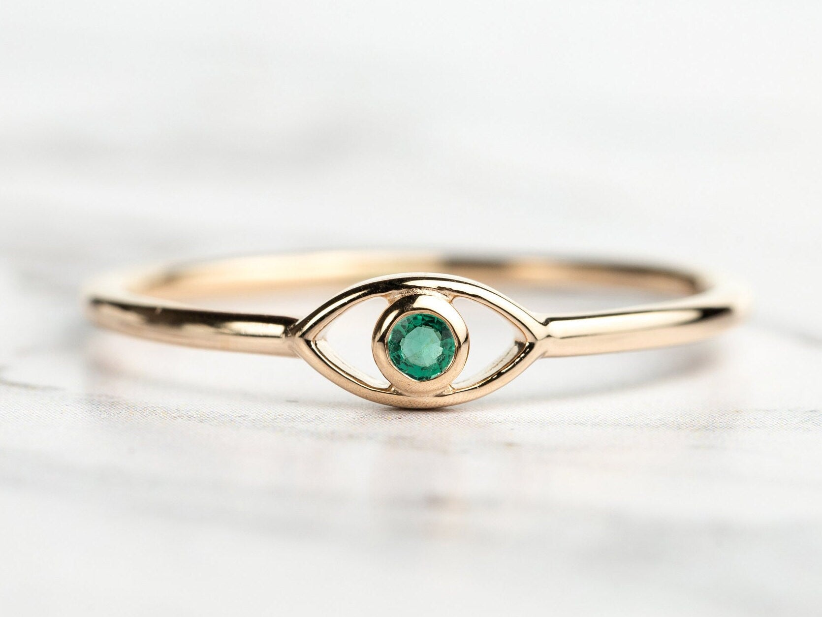 Emerald Evil Eye Stacking Ring | May Birthstone Ring | Dainty Emerald Ring -