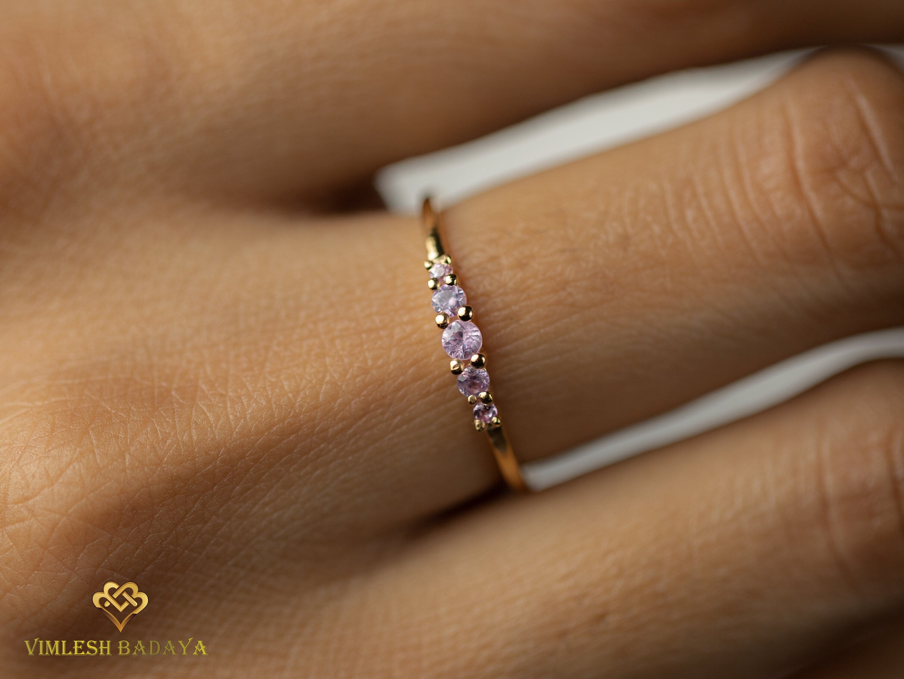 Pink Sapphire Ring | 5 Stone Stacking Ring | Half Eternity Sapphire Stacking Ring -