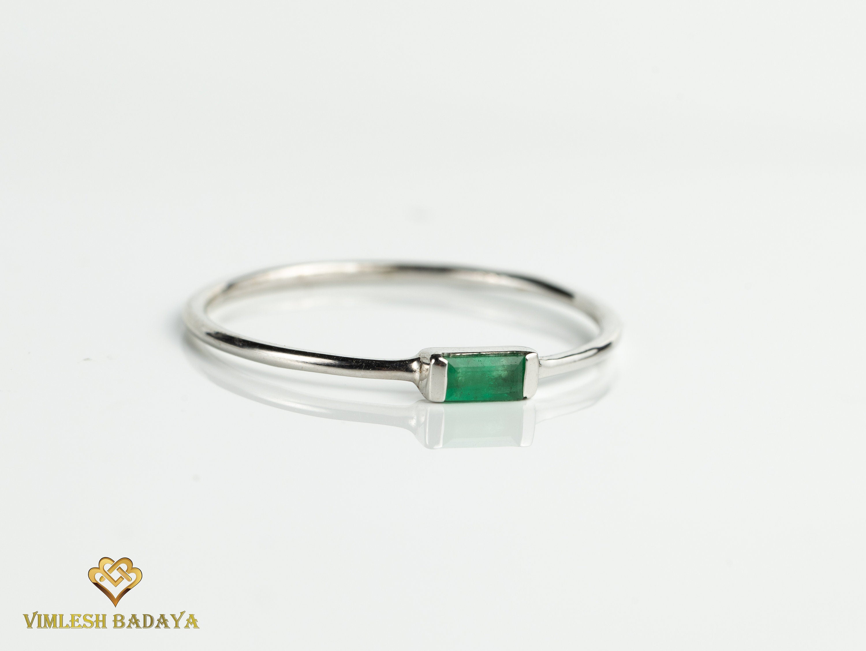 9k Emerald Baguette Stacking Ring | May Birthstone Dainty Ring | Ready to Ship Emerald Ring -