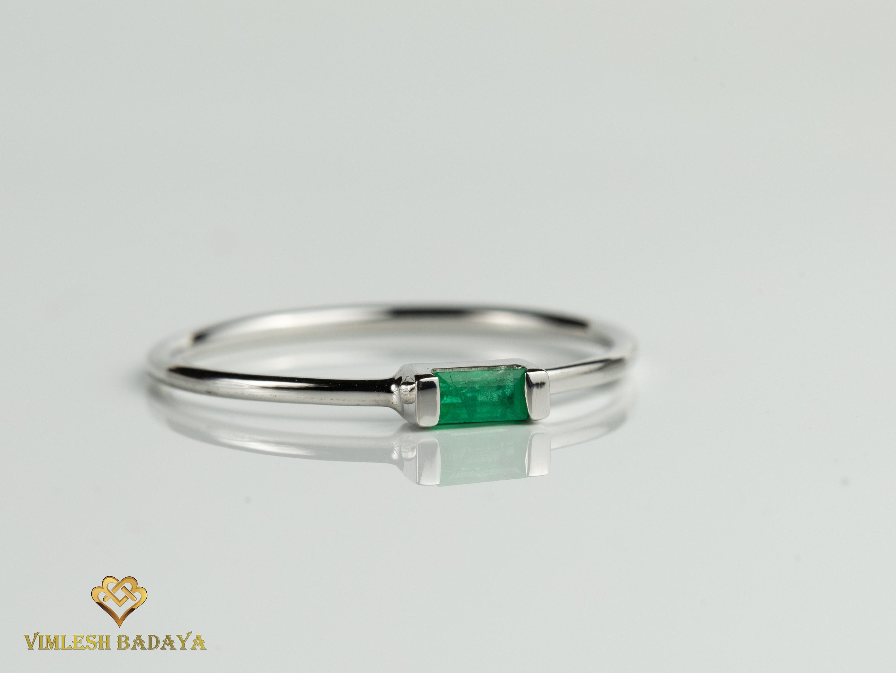 9k Emerald Baguette Stacking Ring | May Birthstone Dainty Ring | Ready to Ship Emerald Ring -