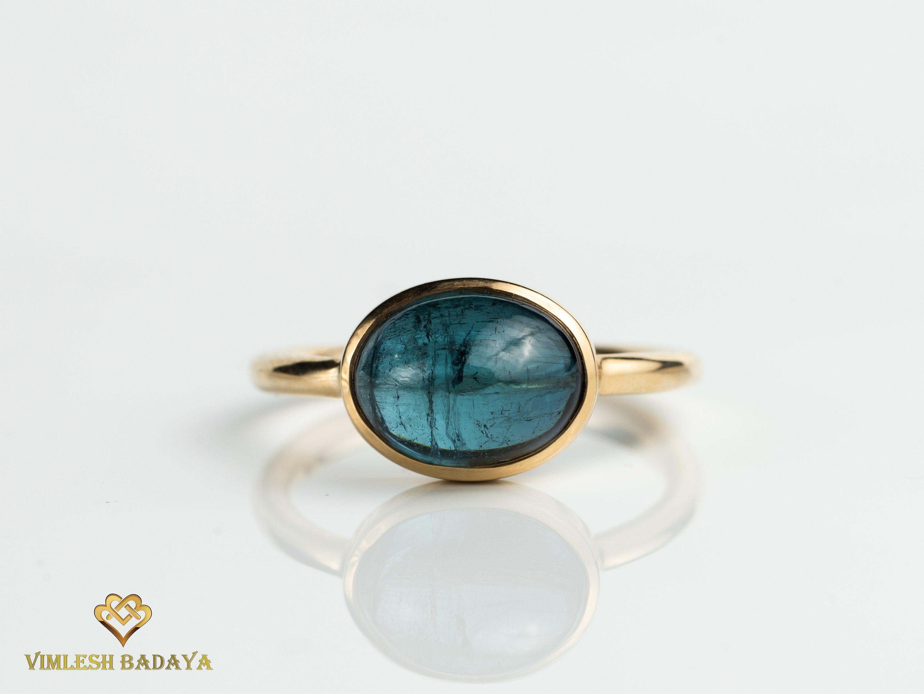 Blue Tourmaline Ring | Oval Cabochon | Indicolite Tourmaline Ring -