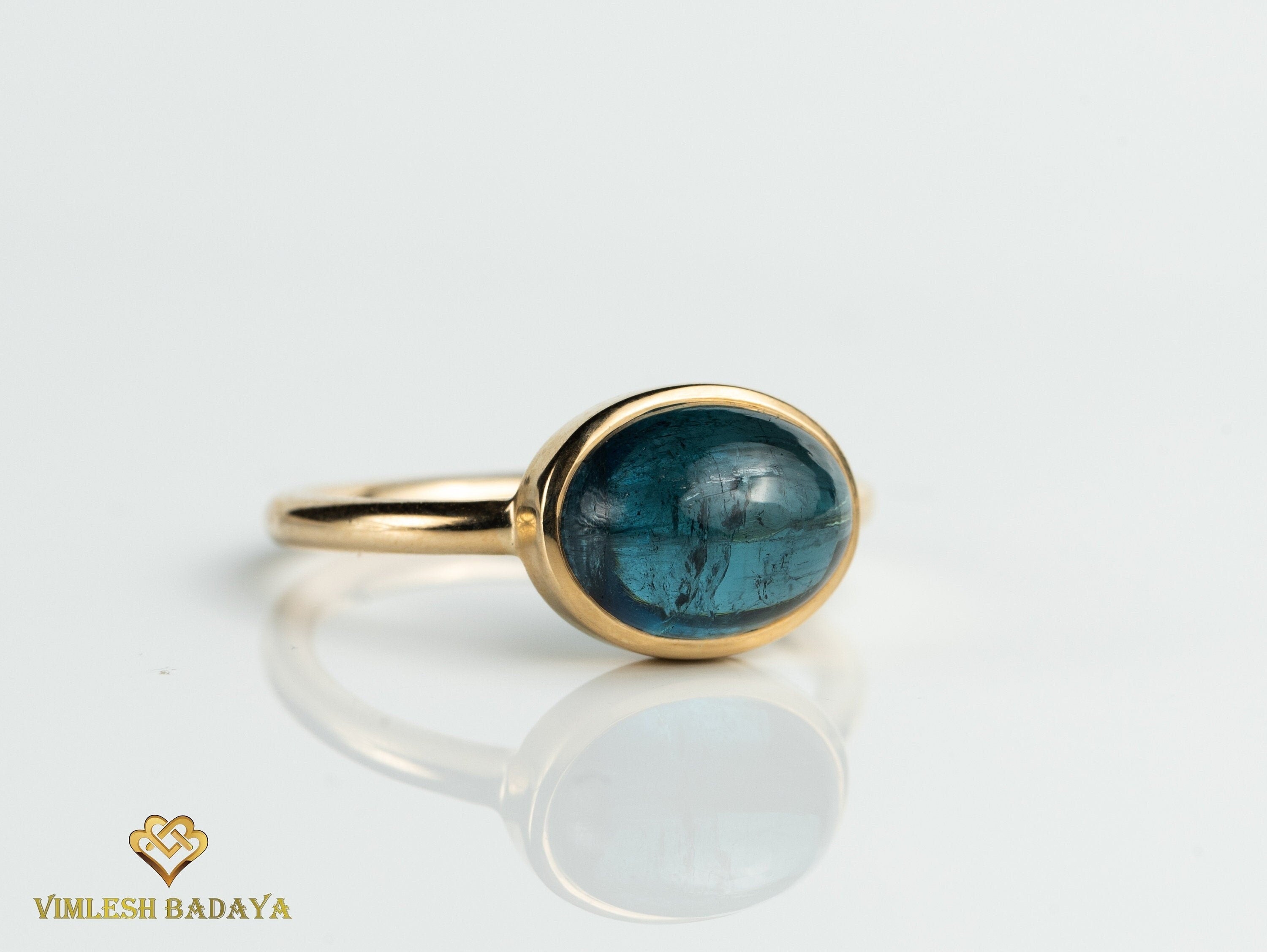 Blue Tourmaline Ring | Oval Cabochon | Indicolite Tourmaline Ring -