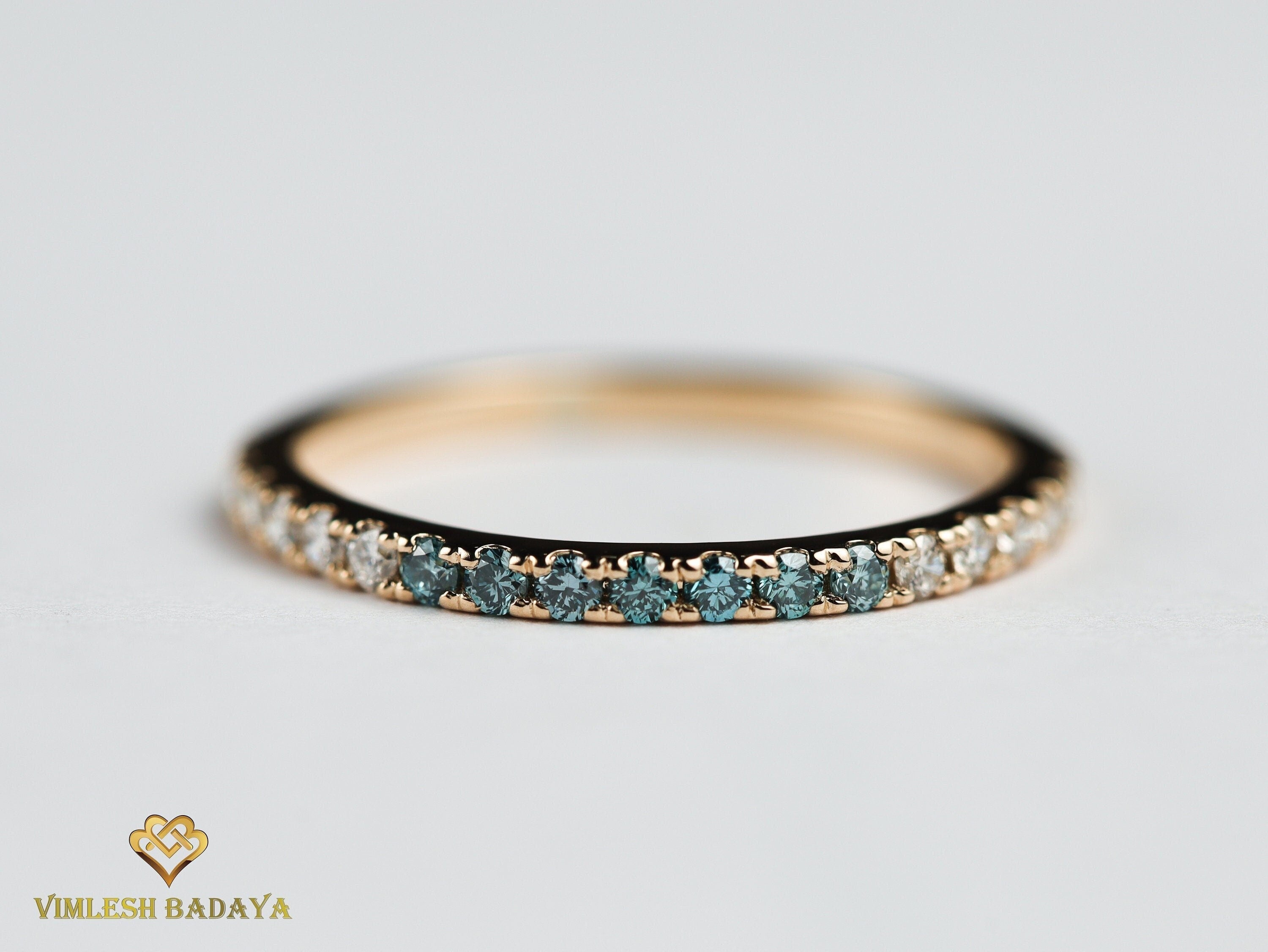 Blue Diamond & White Diamond Wedding Band | Minimalist Multi-Color Eternity Ring | Thin Stacking Ring -