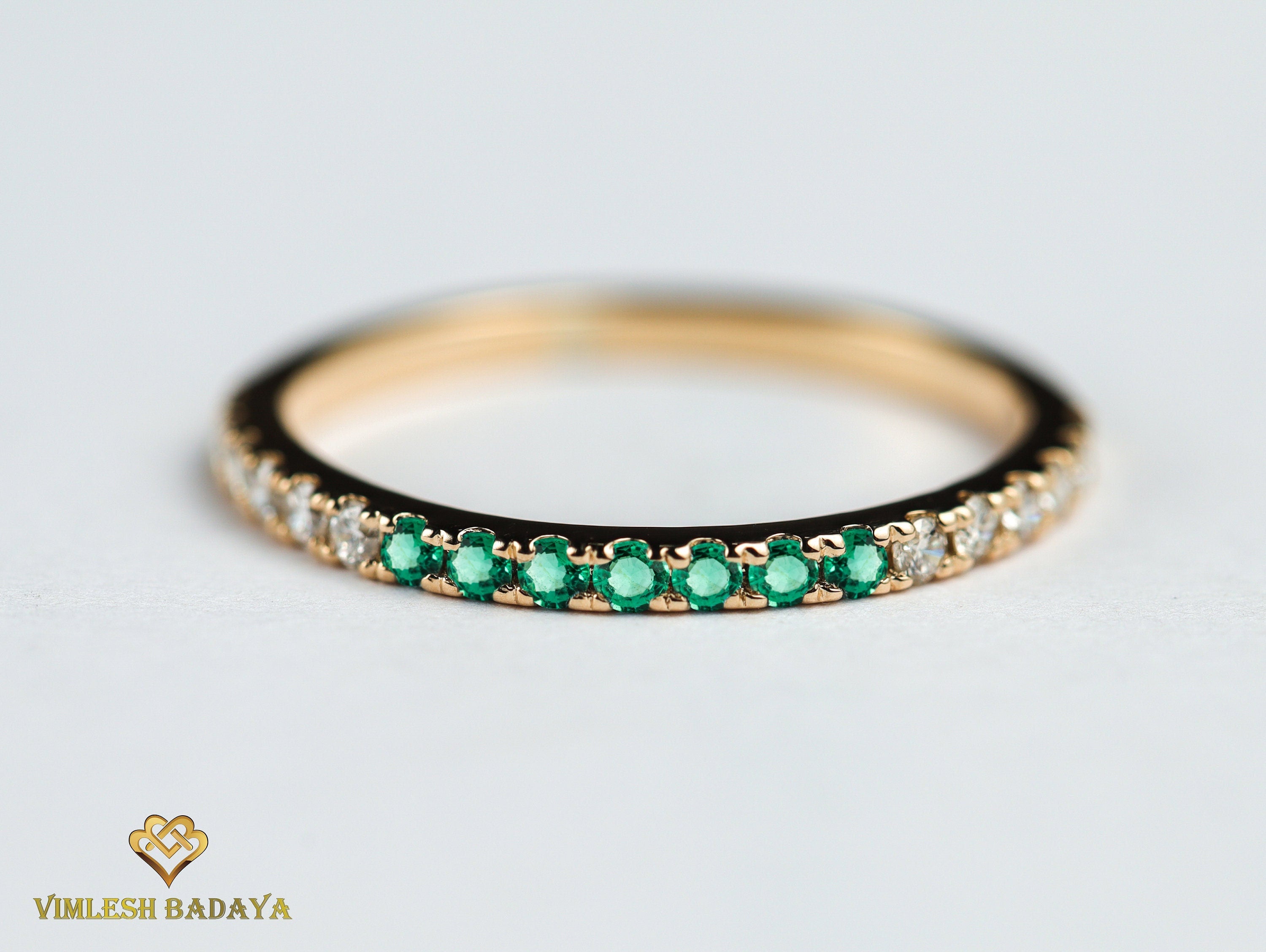 Emerald Diamond Wedding Ring | Minimalist Emerald and Diamond Wedding Band -