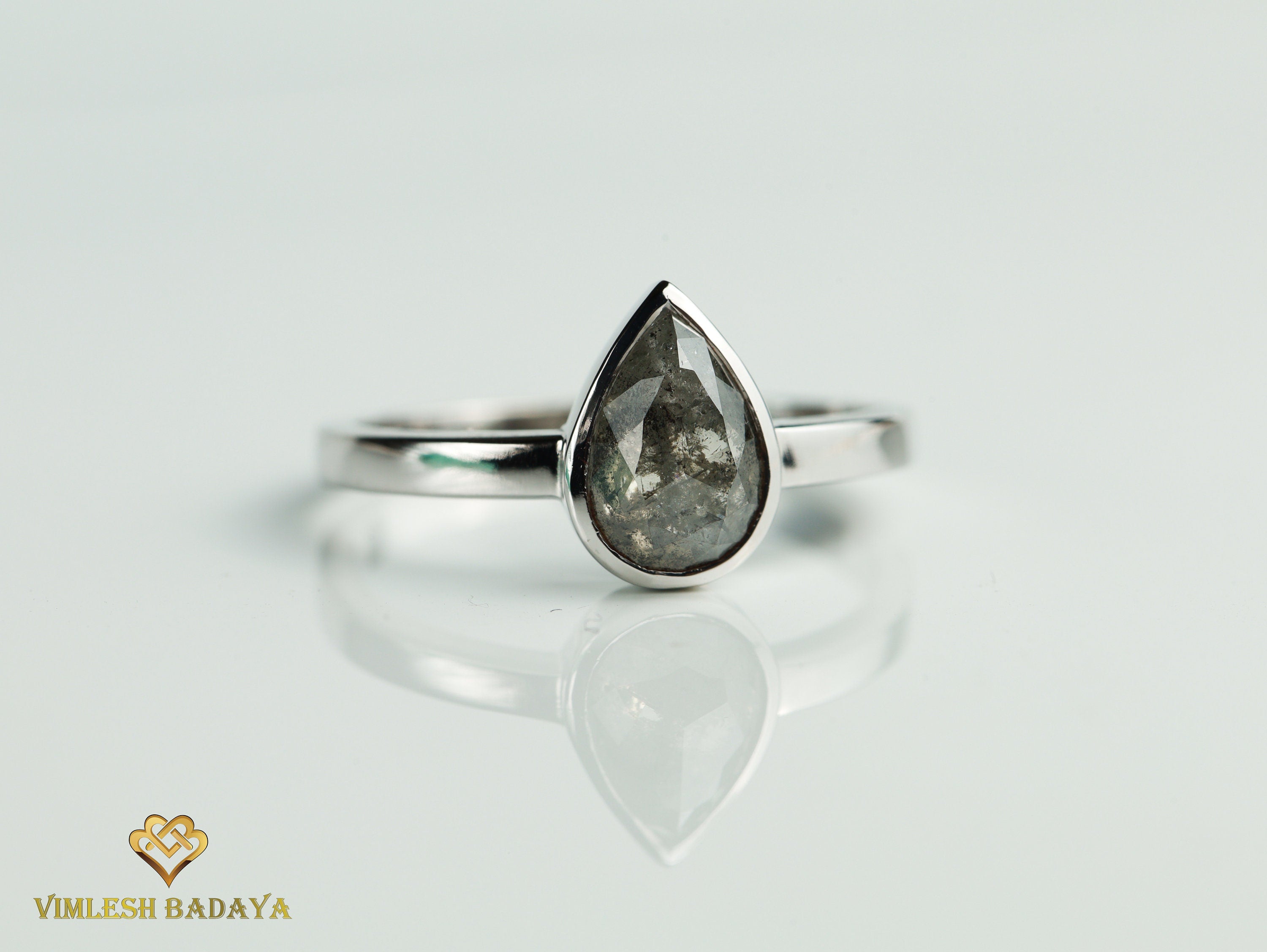 Gray Diamond Ring | Salt & Pepper Pear Cut Diamond Solitaire Engagement Ring | Bezel Setting -