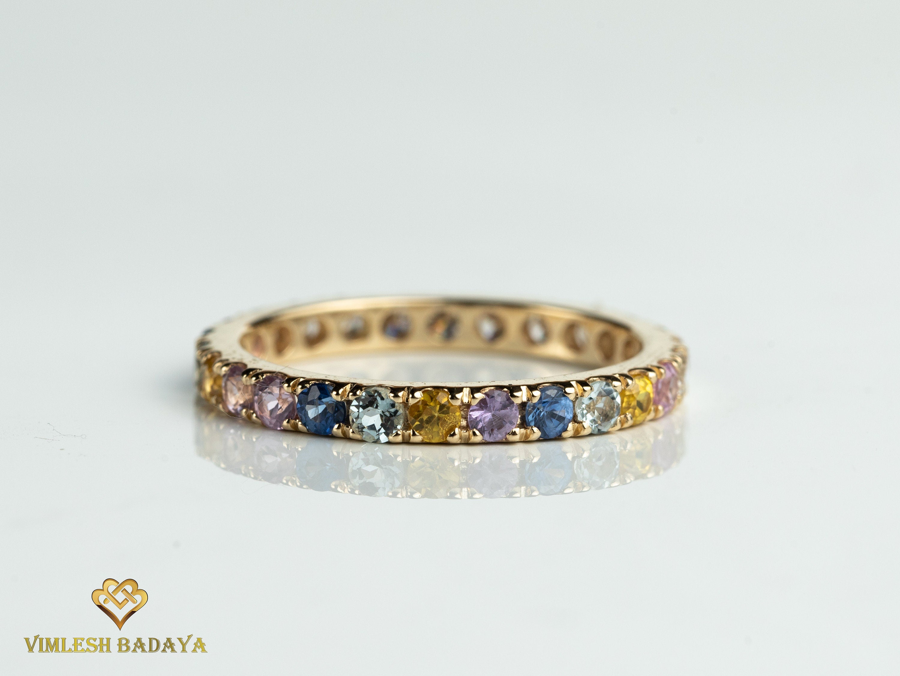 Diamond and Sapphire Wedding Band | Multi-Sapphire Full Eternity Diamond Stacking Ring -