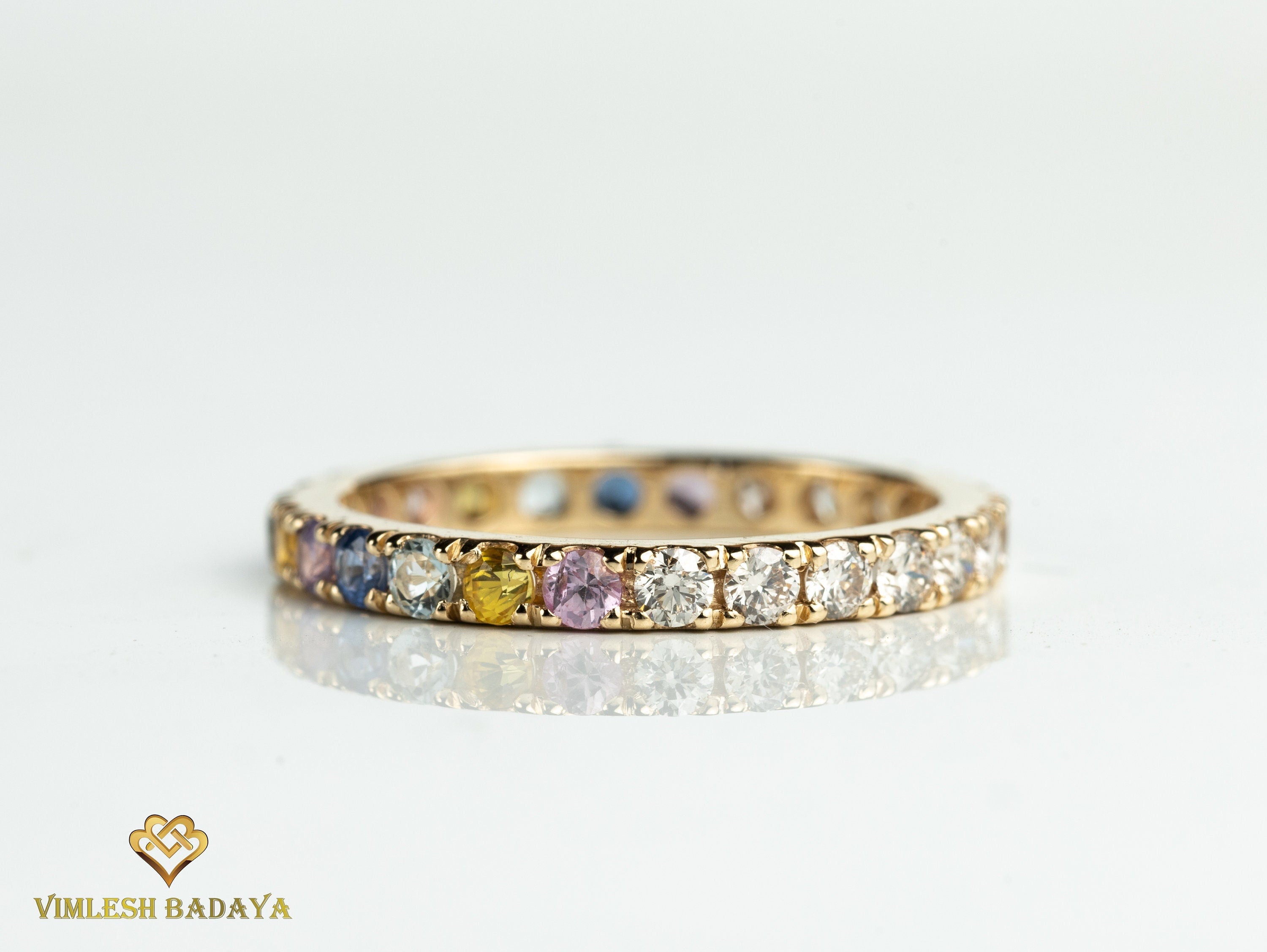 Diamond and Sapphire Wedding Band | Multi-Sapphire Full Eternity Diamond Stacking Ring -