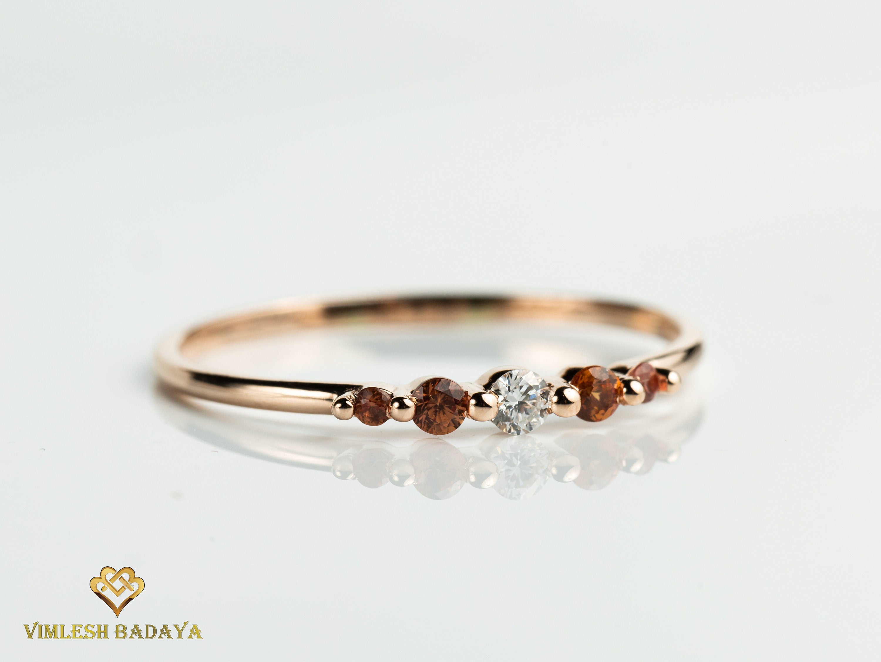 Diamond Stacking Ring | Orange Sapphire and Diamond Stacking Ring | Dainty Sapphire and Diamond Gift Ring -