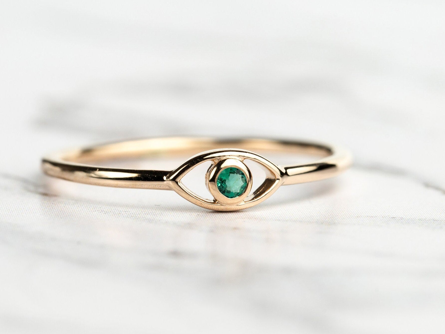 Emerald Evil Eye Stacking Ring | May Birthstone Ring | Dainty Emerald Ring -