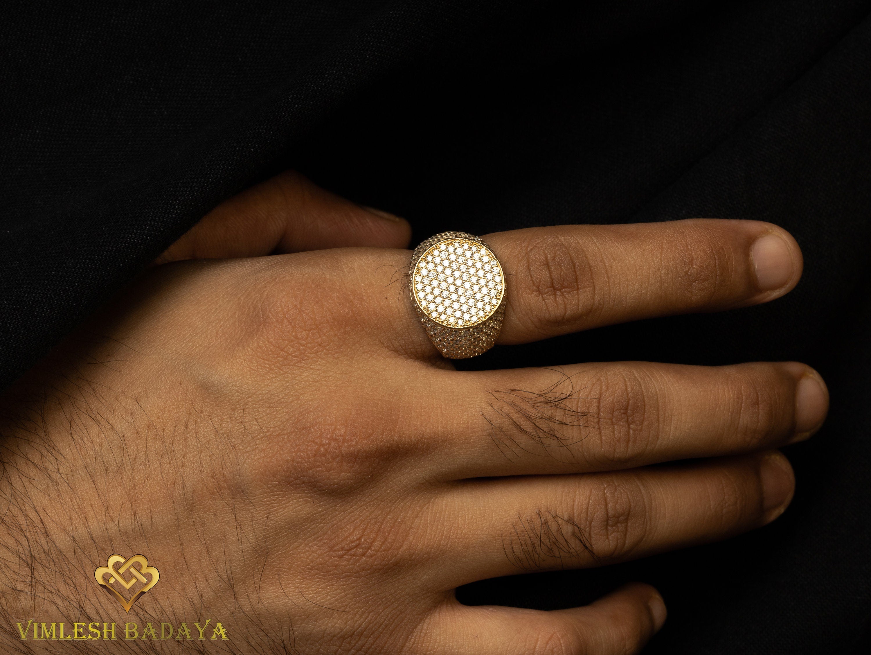 Iced Out Diamond Signet Ring | Solid Gold Men's Wedding Ring | Father's Day Gift -