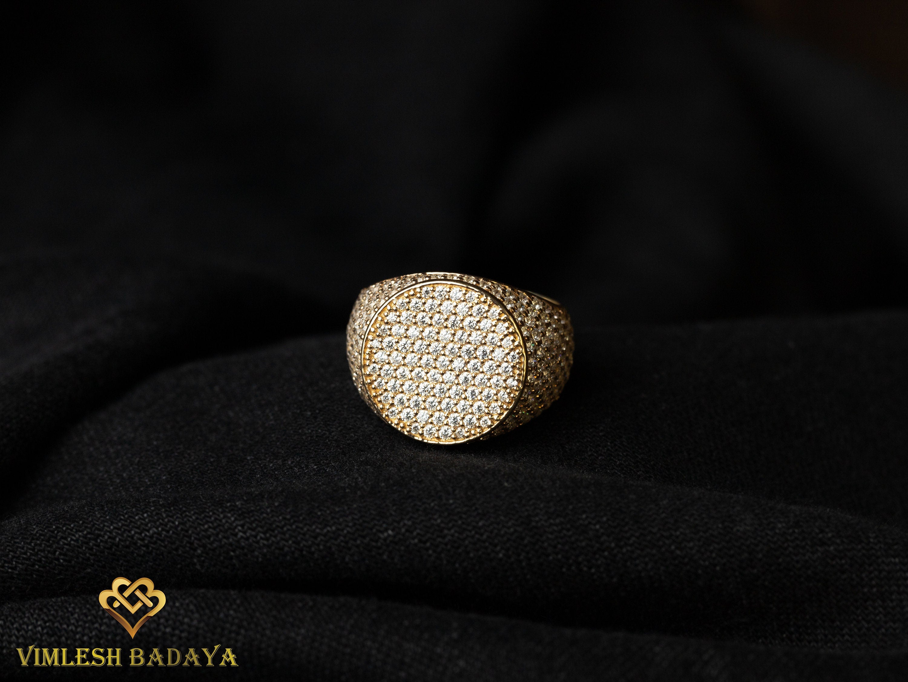 Iced Out Diamond Signet Ring | Solid Gold Men's Wedding Ring | Father's Day Gift -