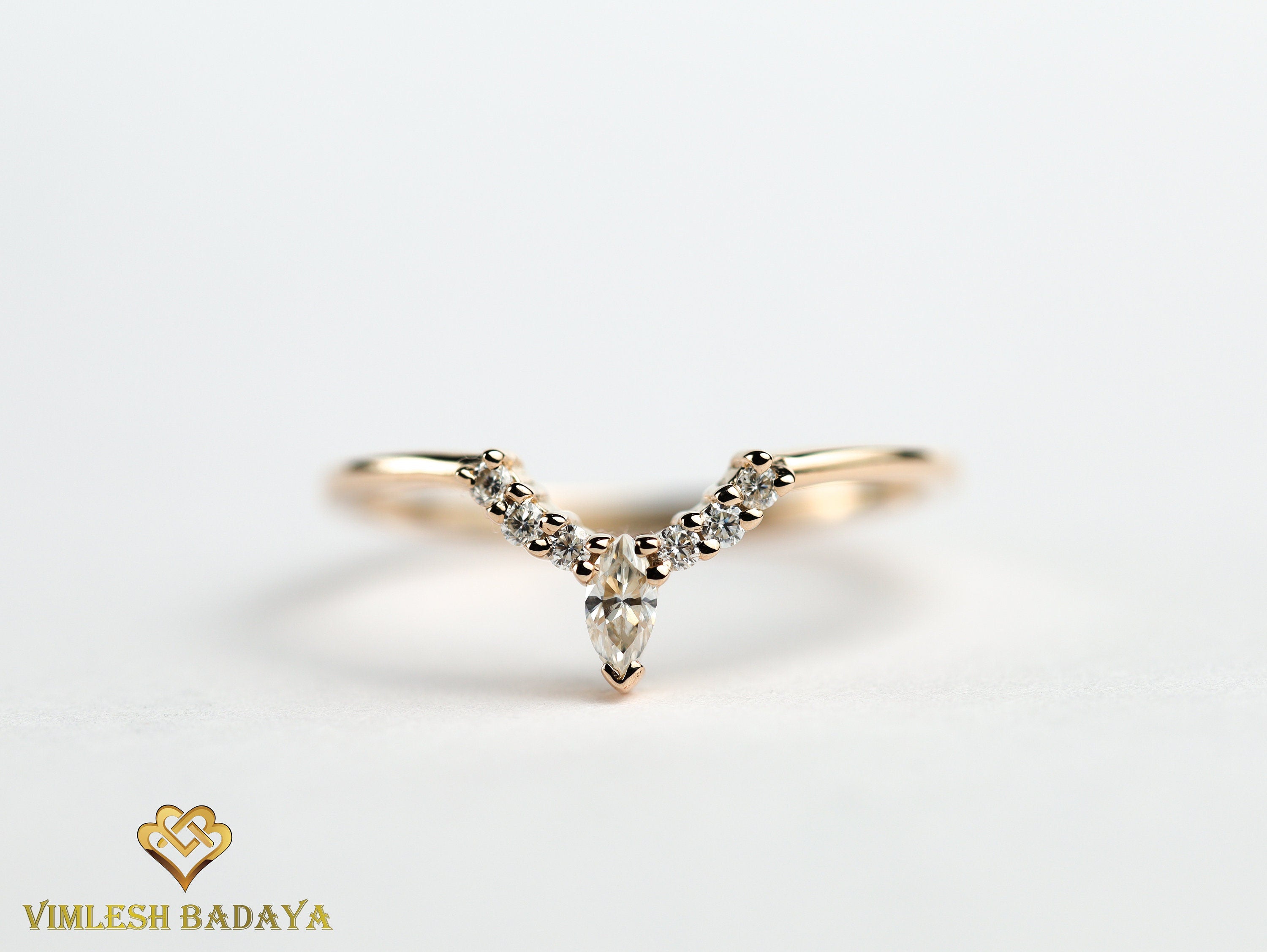 Curved Diamond Wedding Band | Marquise Cut Diamond | Stackable Wedding Ring -