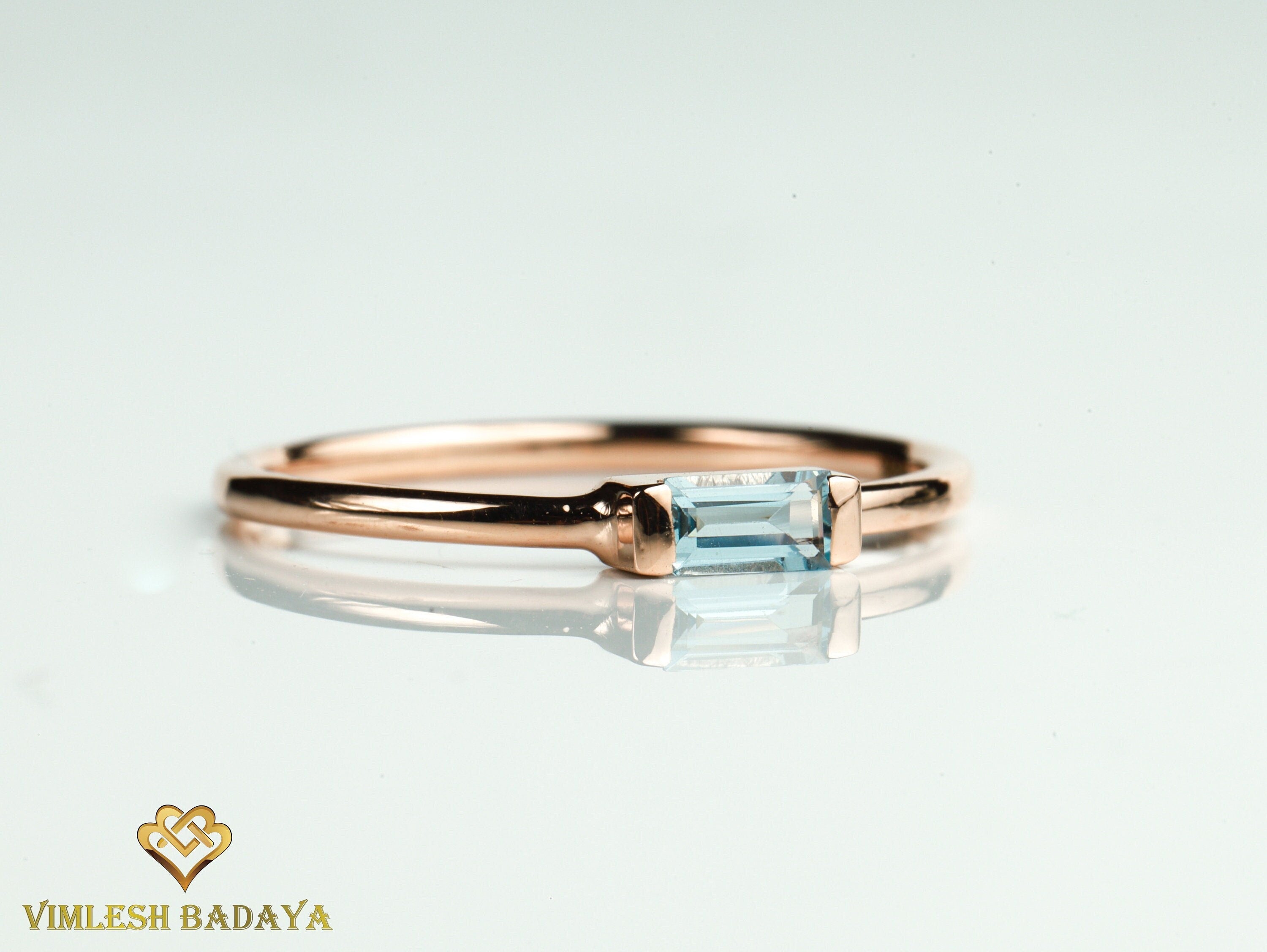Aquamarine Baguette Ring | March Birthstone Stacking Ring | Dainty Aquamarine Ring -