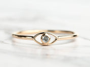 Solid Gold Gray Diamond Evil Eye Ring | Salt Pepper Diamond | Gold Evil Eye Good Luck Ring -