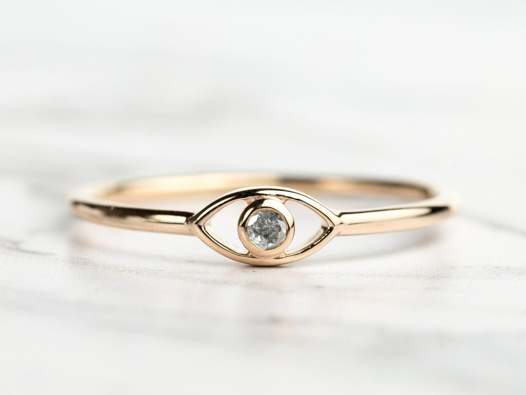 Solid Gold Gray Diamond Evil Eye Ring | Salt Pepper Diamond | Gold Evil Eye Good Luck Ring -