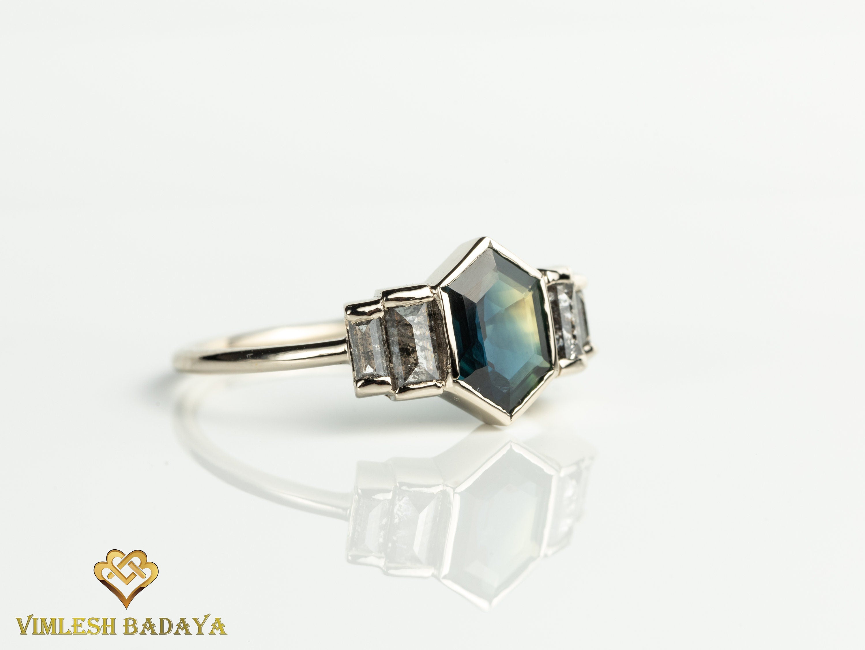 Teal Sapphire Salt Pepper Diamond Engagement Ring | Australian Sapphire Baguette Ring -