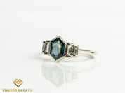 Teal Sapphire Salt Pepper Diamond Engagement Ring | Australian Sapphire Baguette Ring -