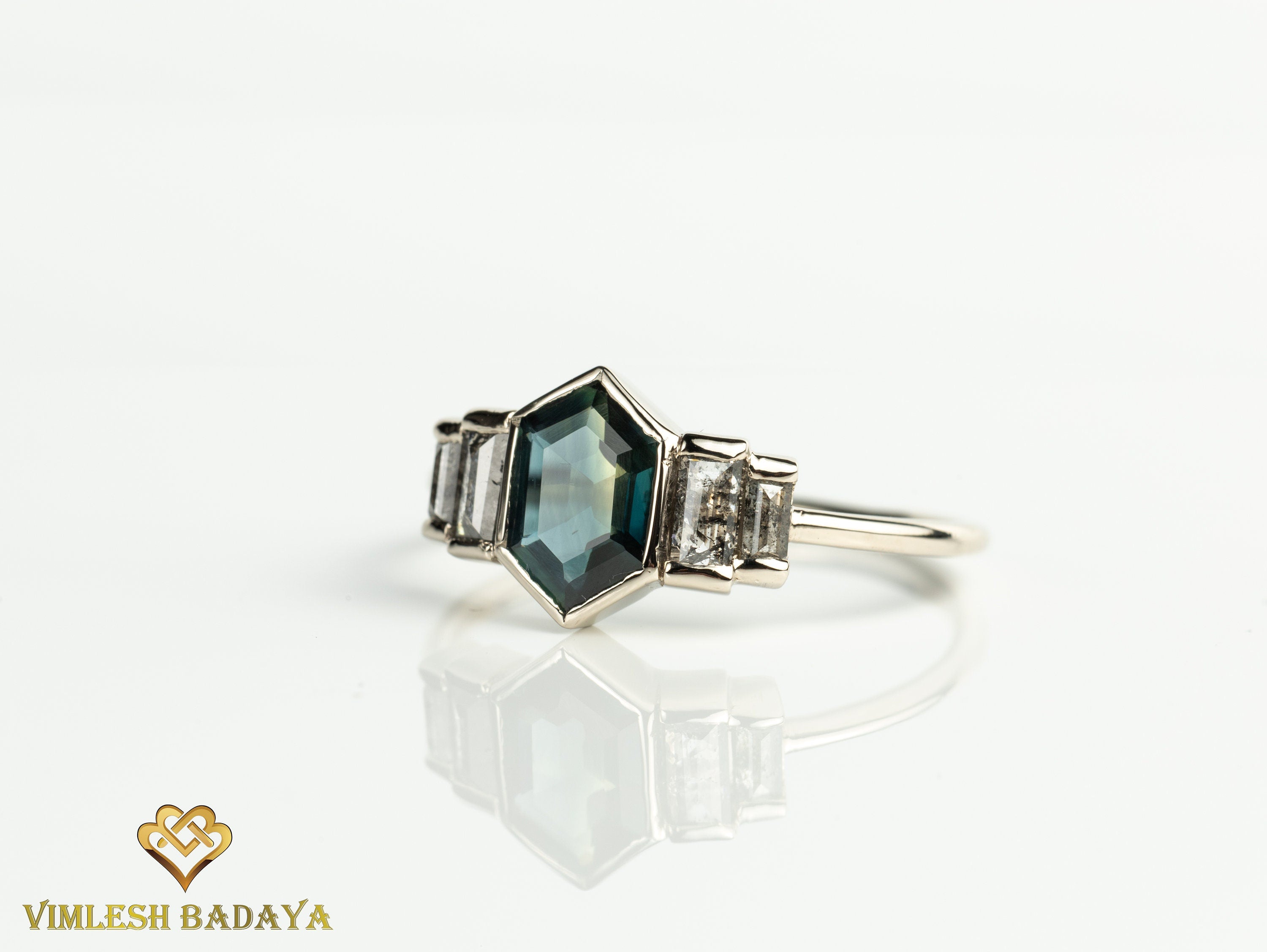 Teal Sapphire Salt Pepper Diamond Engagement Ring | Australian Sapphire Baguette Ring -