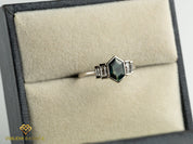 Teal Sapphire Salt Pepper Diamond Engagement Ring | Australian Sapphire Baguette Ring -