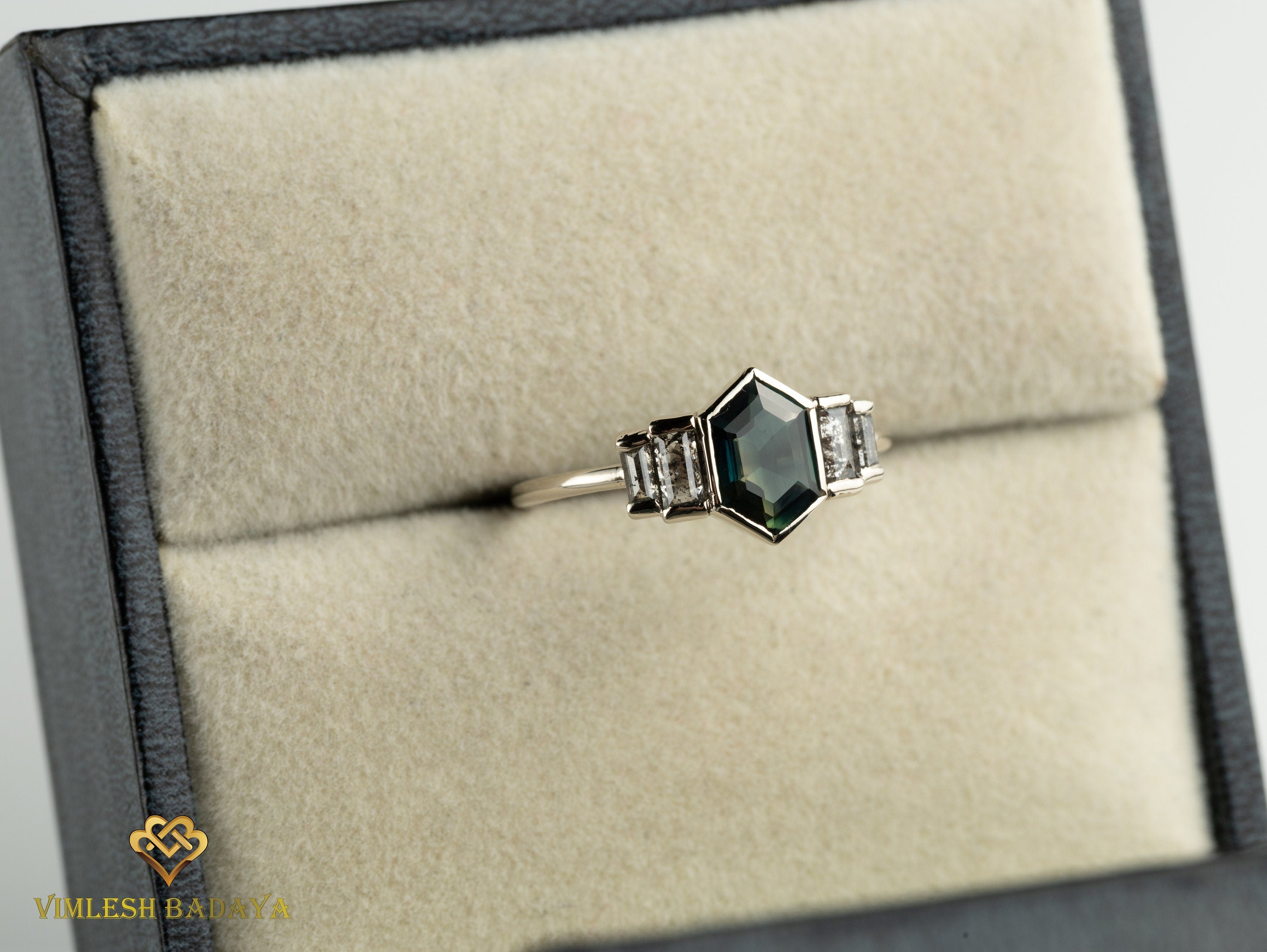 Teal Sapphire Salt Pepper Diamond Engagement Ring | Australian Sapphire Baguette Ring -