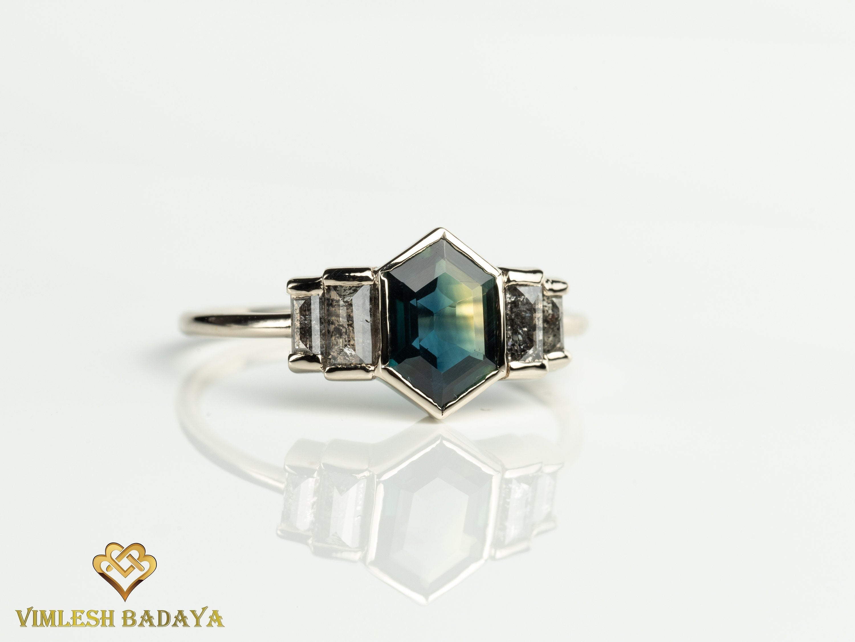 Teal Sapphire Salt Pepper Diamond Engagement Ring | Australian Sapphire Baguette Ring -
