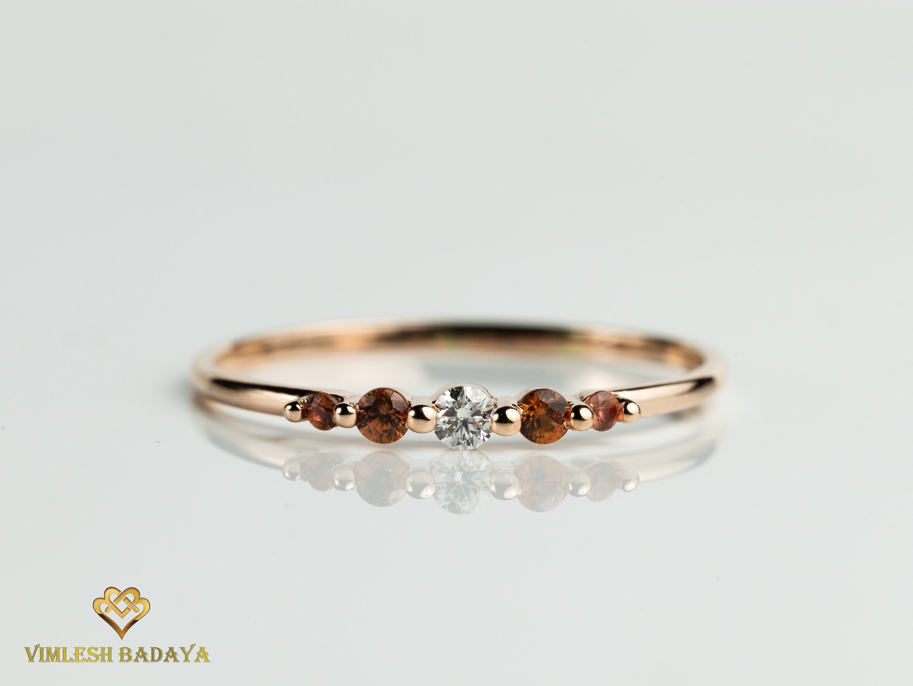 Diamond Stacking Ring | Orange Sapphire and Diamond Stacking Ring | Dainty Sapphire and Diamond Gift Ring -