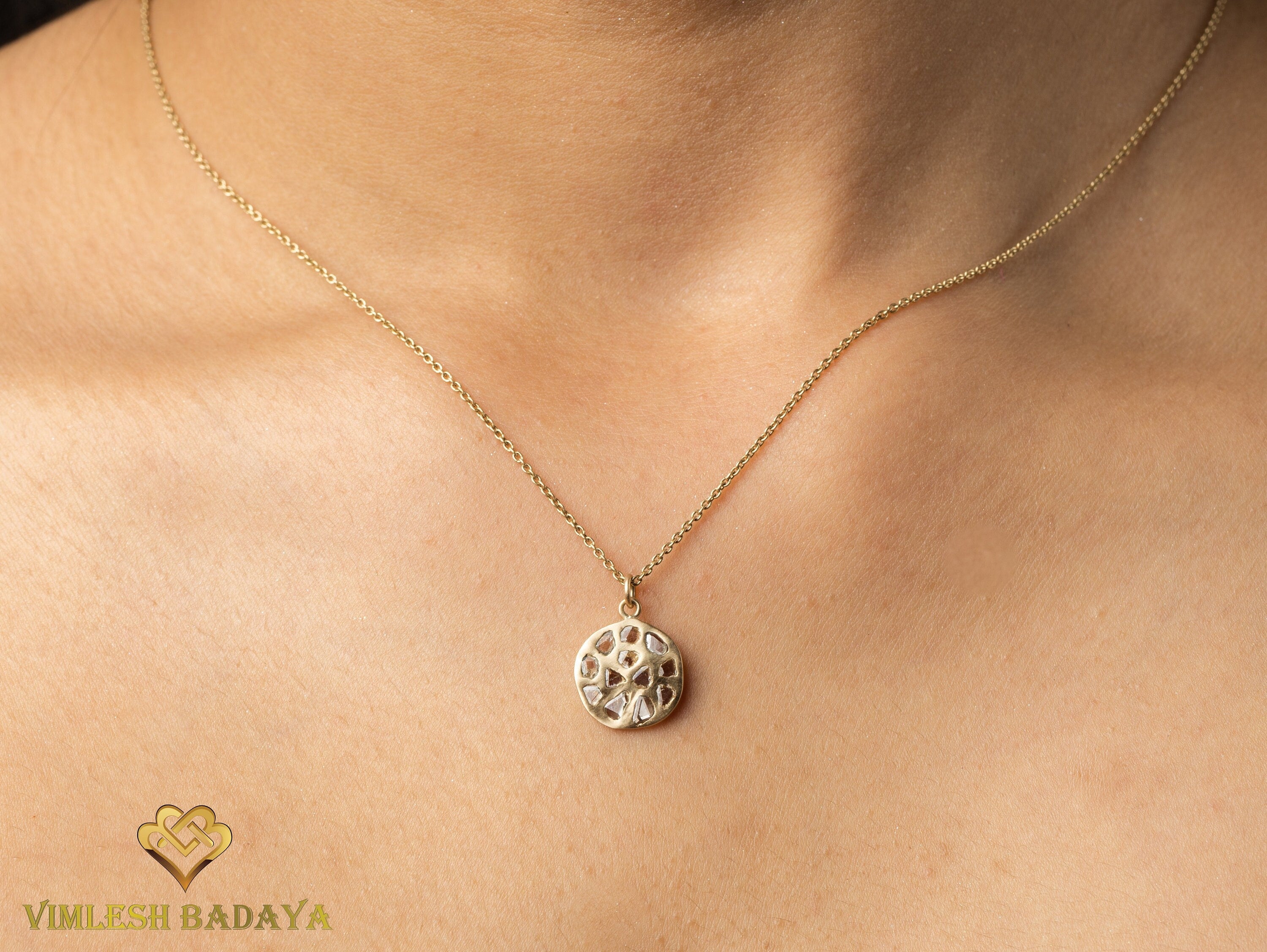 Slice Diamond Disk Necklace | Dainty Polki Diamond Necklace in Gold | Birthday Gift for Her -