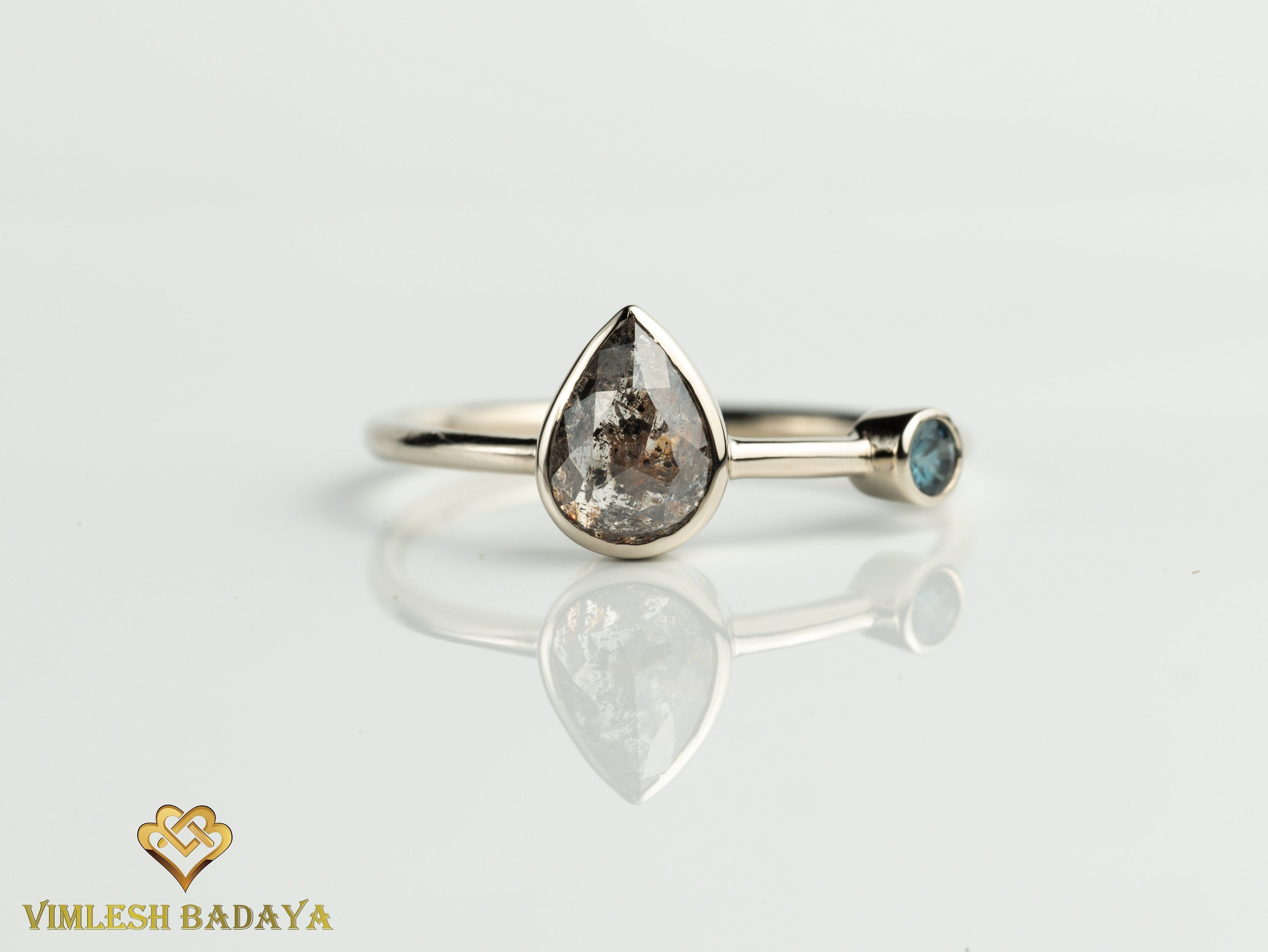 Teal Sapphire & Gray Diamond Engagement Ring | Australian Sapphire Pear Cut Ring -