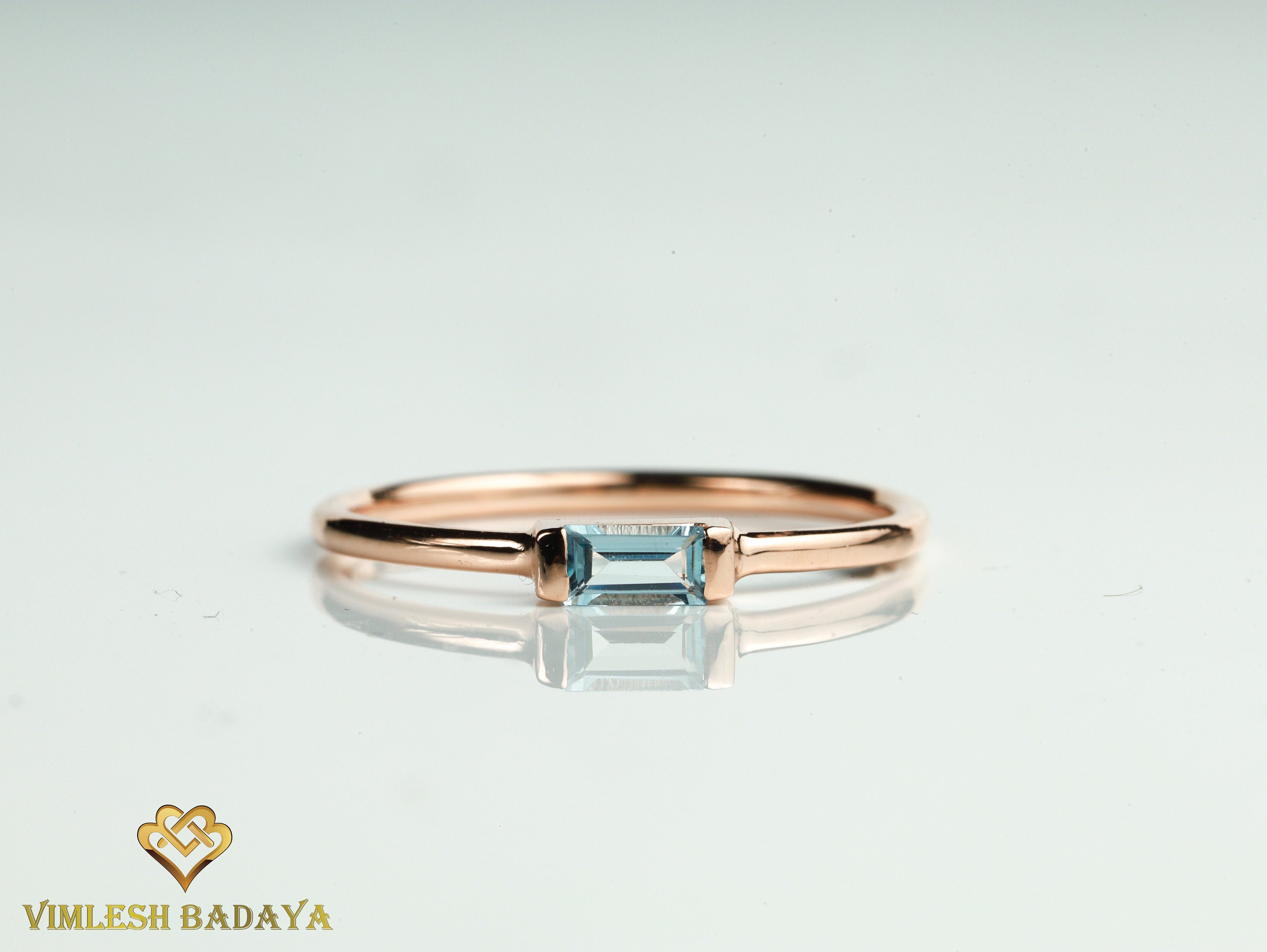Aquamarine Baguette Ring | March Birthstone Stacking Ring | Dainty Aquamarine Ring -
