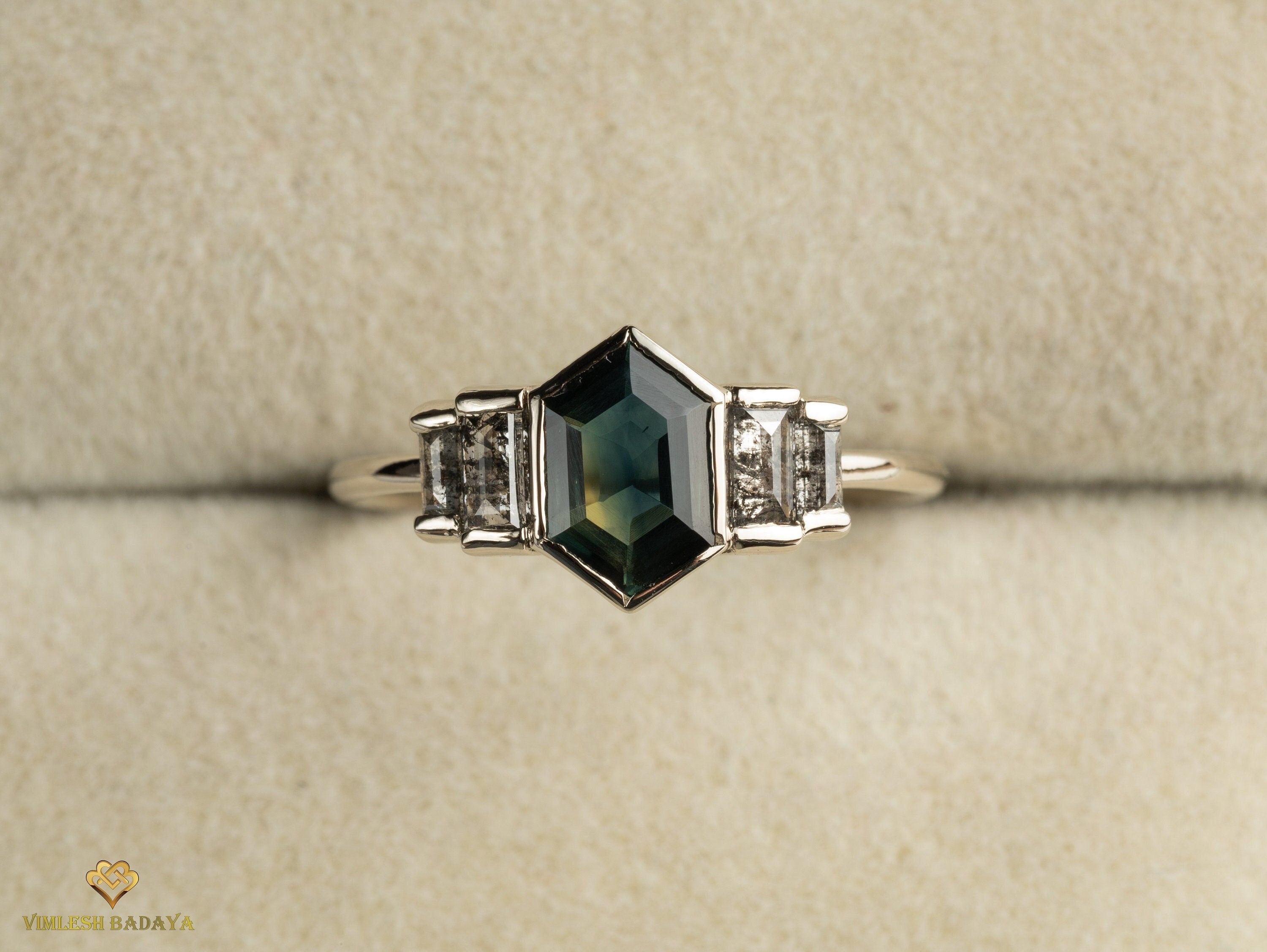 Teal Sapphire Salt Pepper Diamond Engagement Ring | Australian Sapphire Baguette Ring -