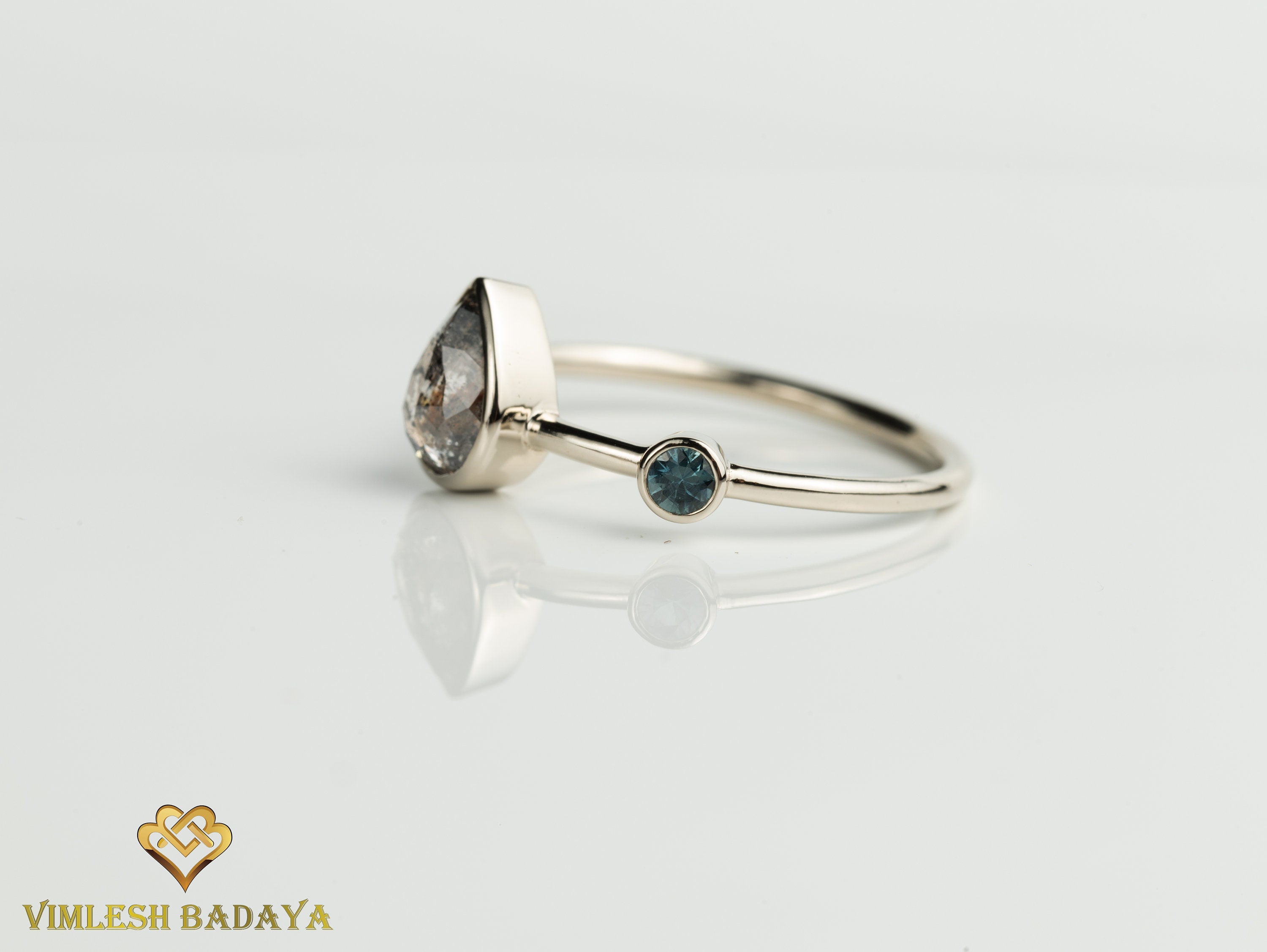 Teal Sapphire & Gray Diamond Engagement Ring | Australian Sapphire Pear Cut Ring -