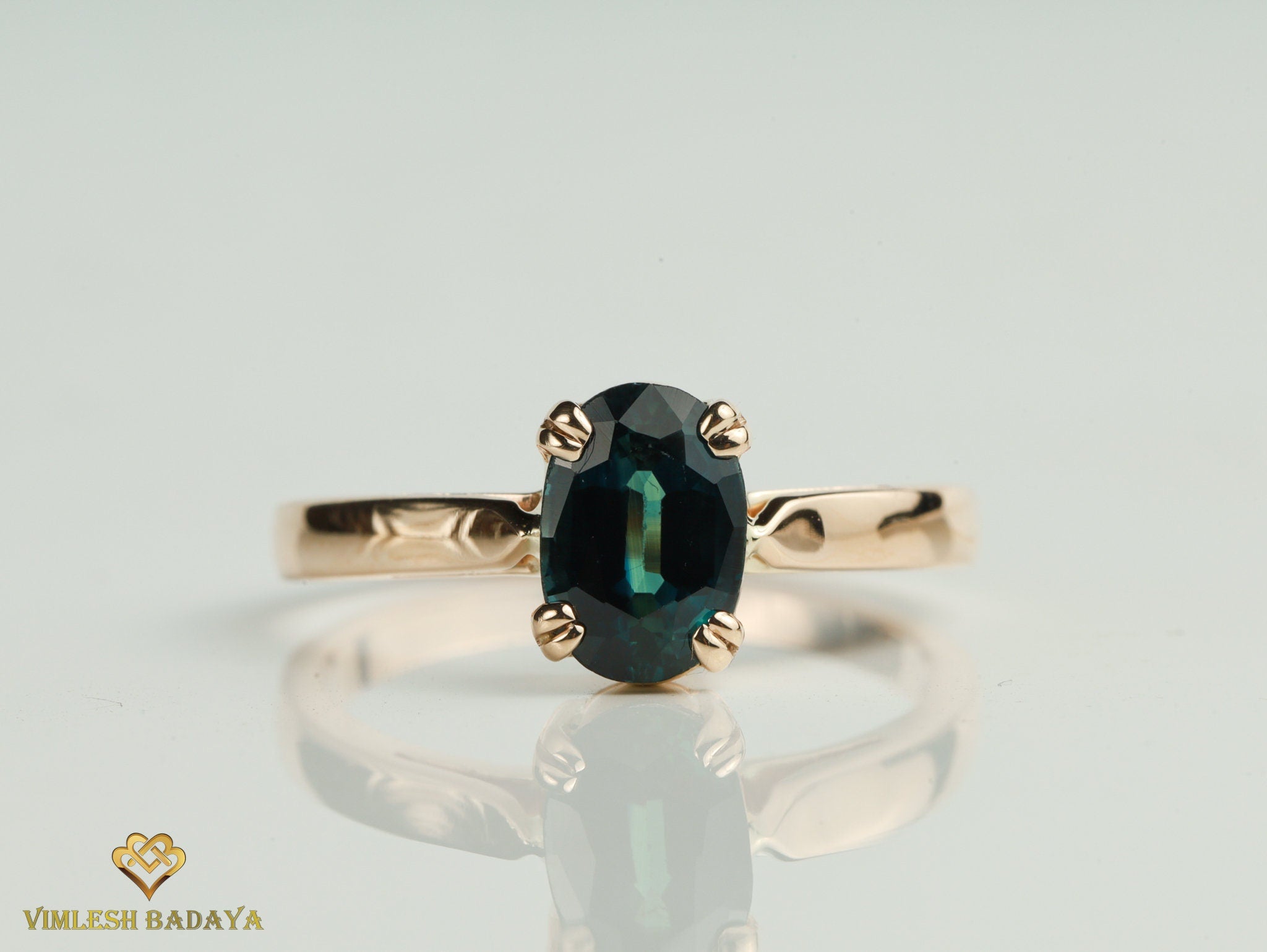 Solitaire Teal Sapphire Engagement Ring | Solid Gold Art Deco Ring -