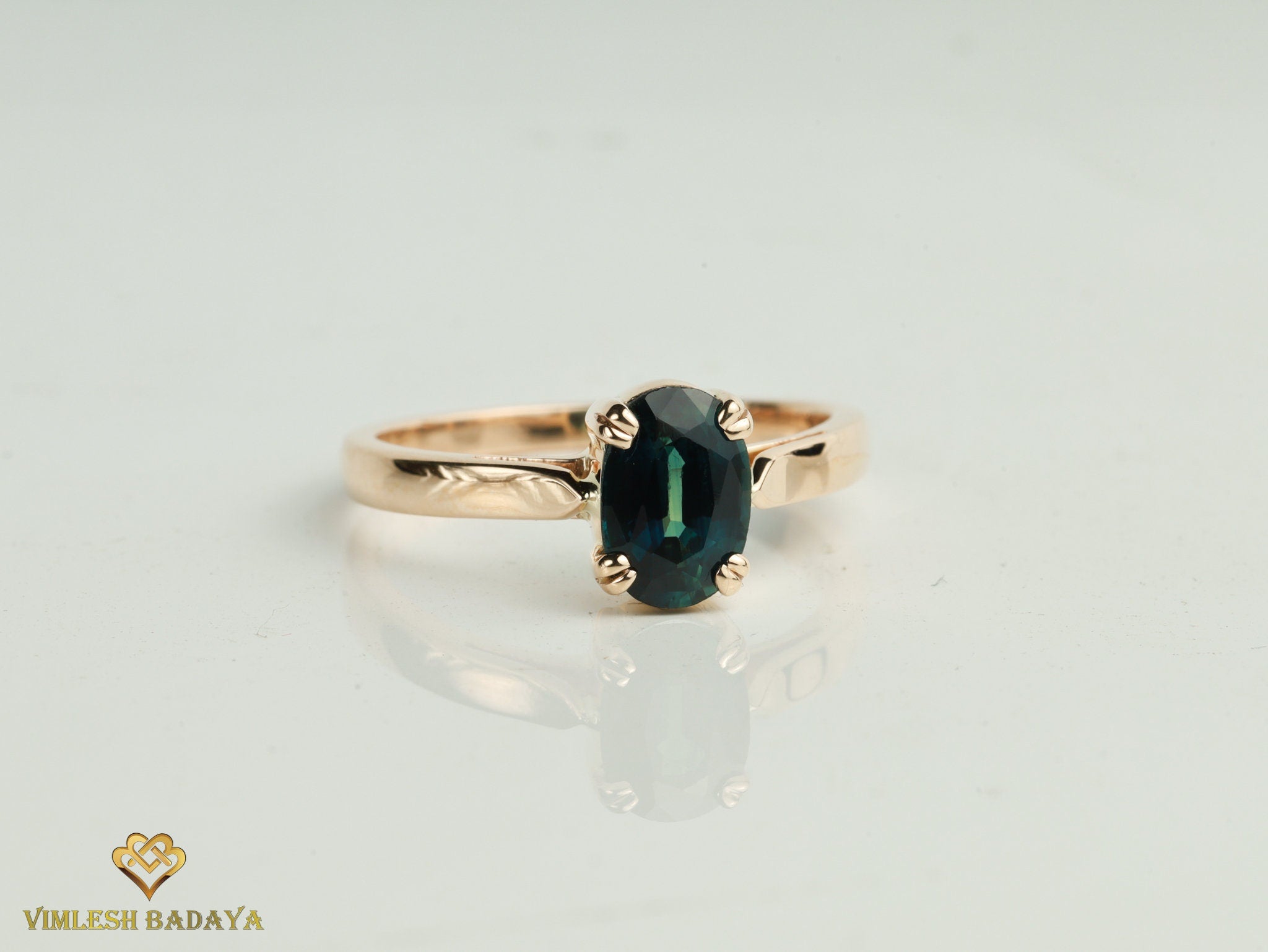 Solitaire Teal Sapphire Engagement Ring | Solid Gold Art Deco Ring -