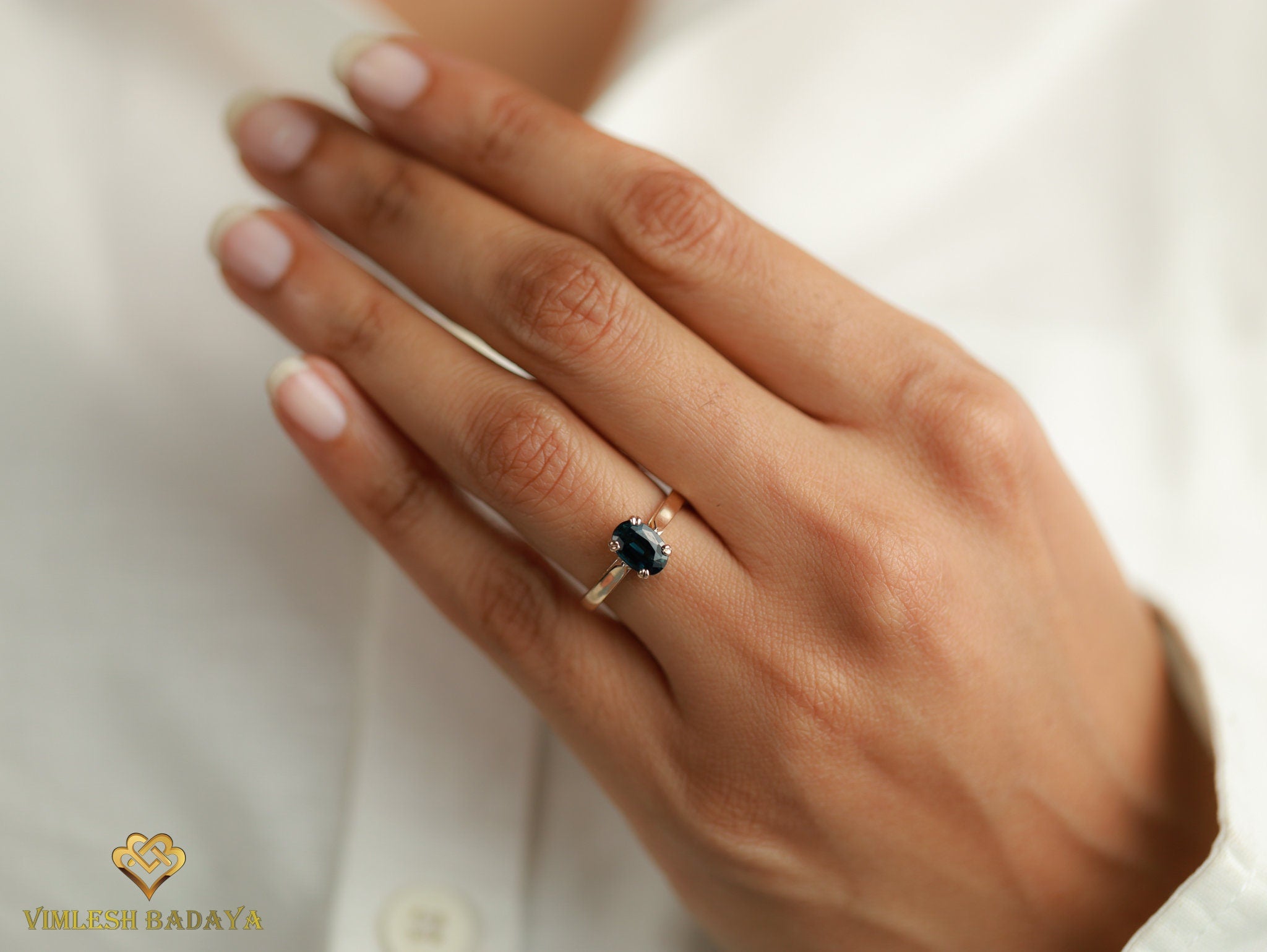 Solitaire Teal Sapphire Engagement Ring | Solid Gold Art Deco Ring -