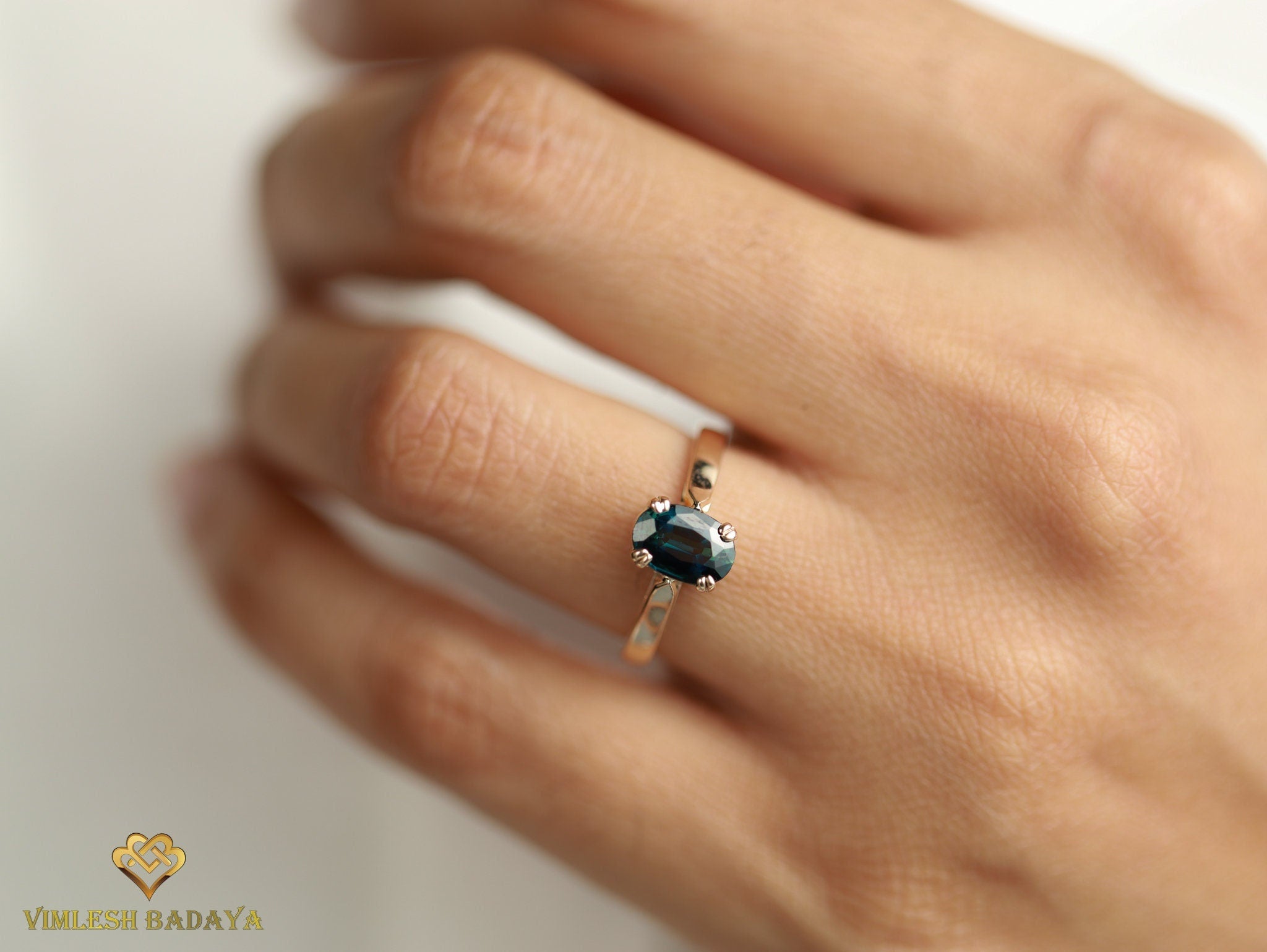 Solitaire Teal Sapphire Engagement Ring | Solid Gold Art Deco Ring -