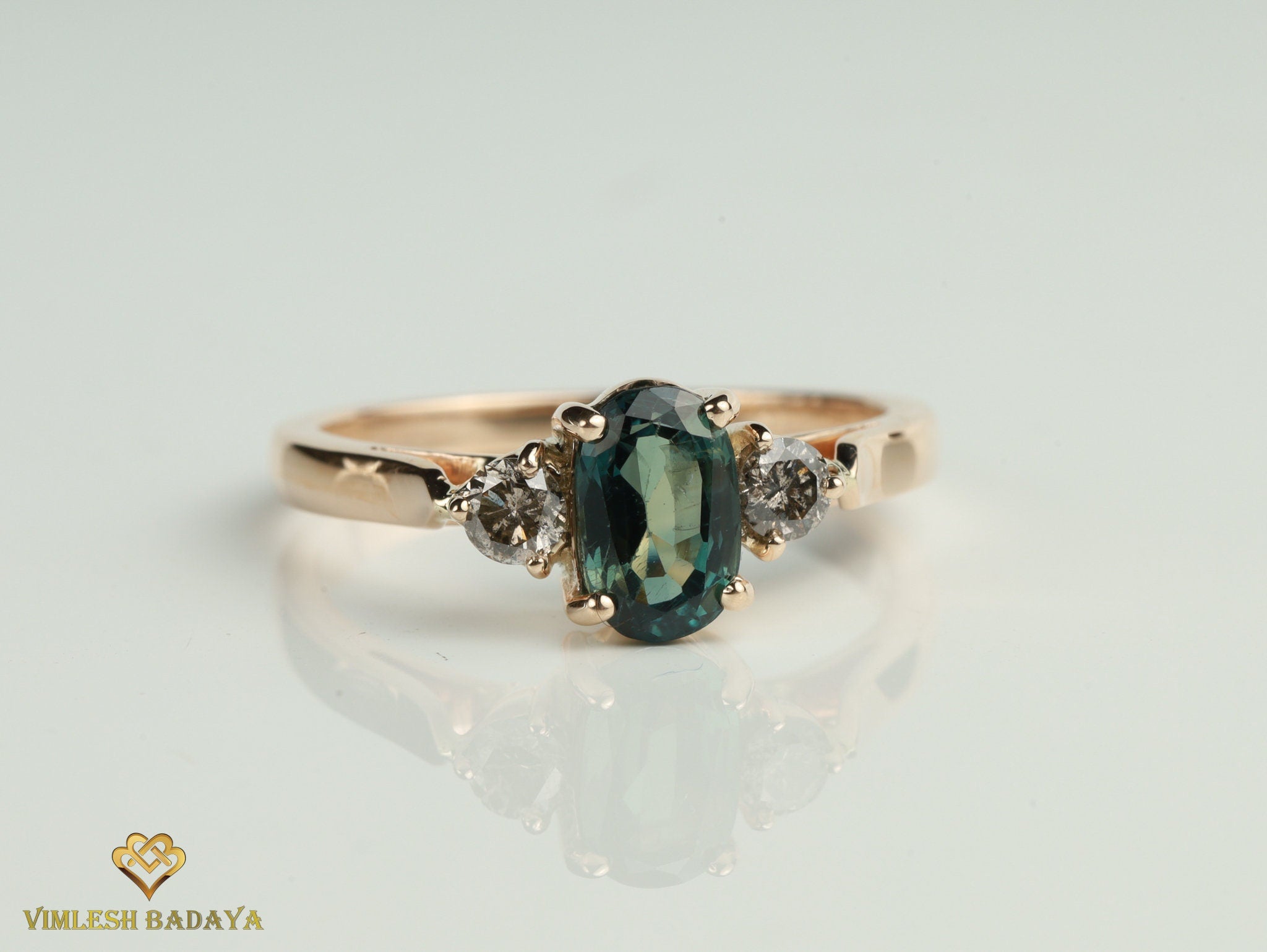 Teal Sapphire and Salt Pepper Diamond Engagement Ring | Australian Sapphire Gray Diamond -