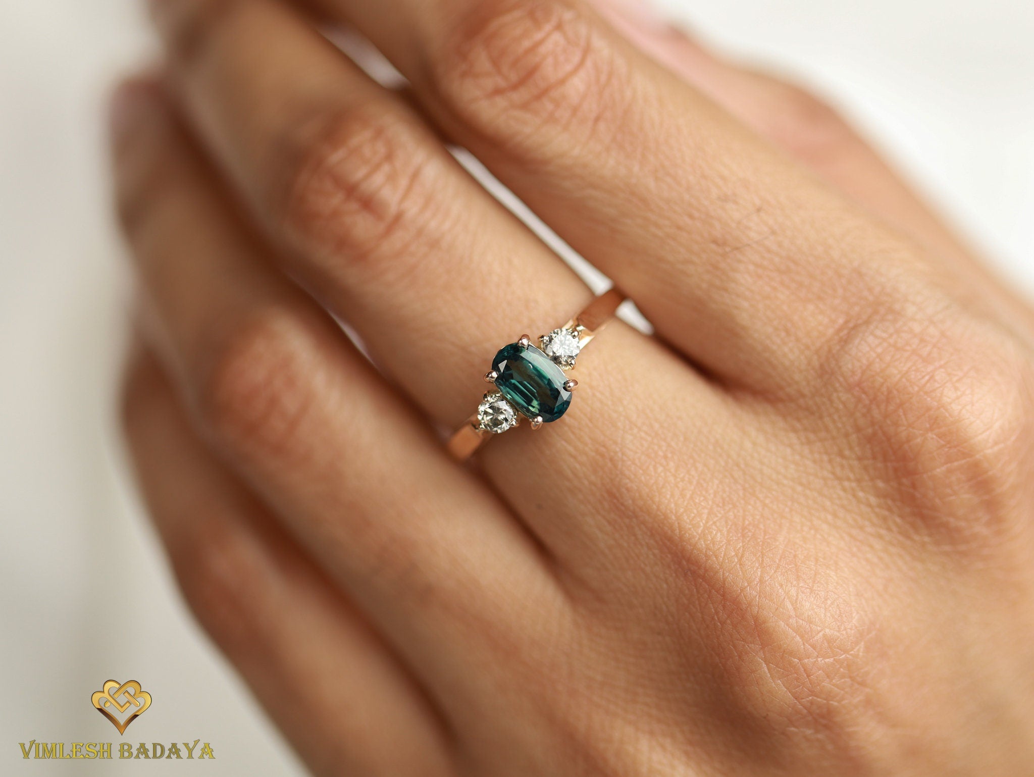 Teal Sapphire and Salt Pepper Diamond Engagement Ring | Australian Sapphire Gray Diamond -