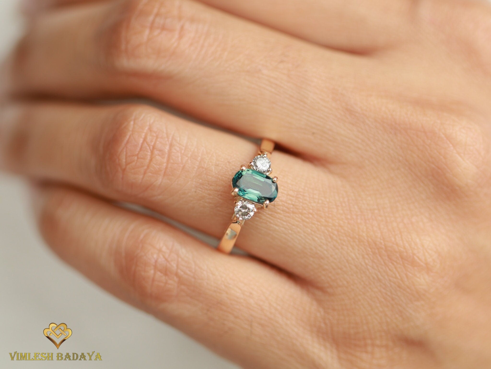 Teal Sapphire and Salt Pepper Diamond Engagement Ring | Australian Sapphire Gray Diamond -