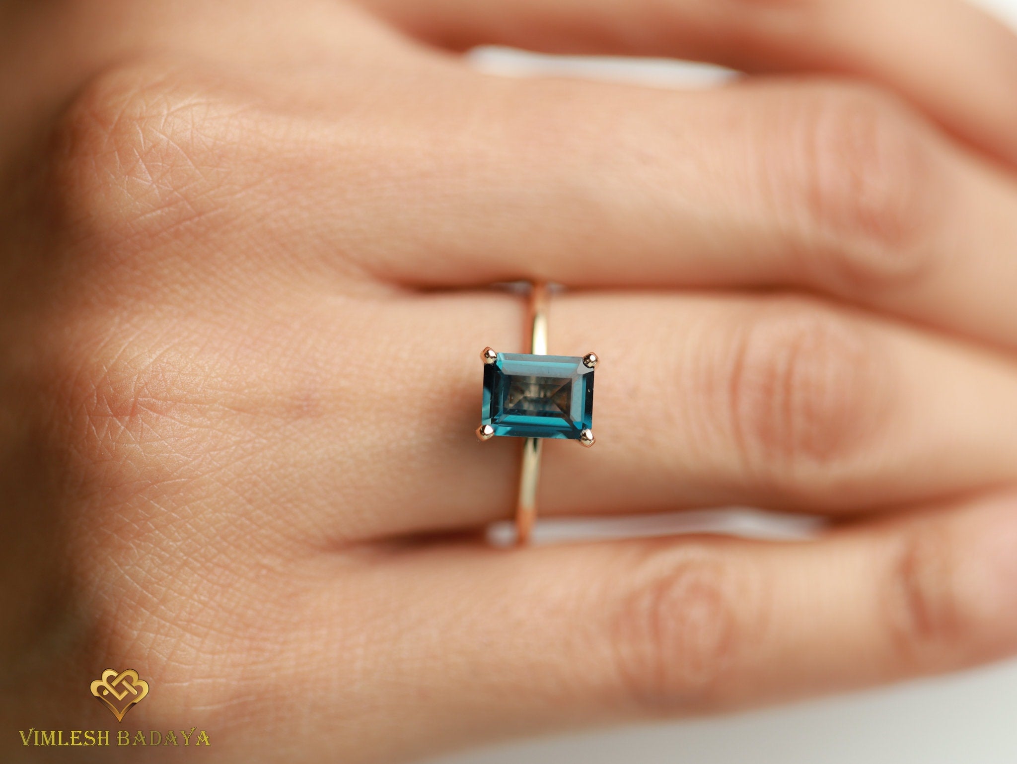 London Blue Topaz and Diamond Engagement Ring | Emerald Cut Engagement Ring | December Birthstone Ring -
