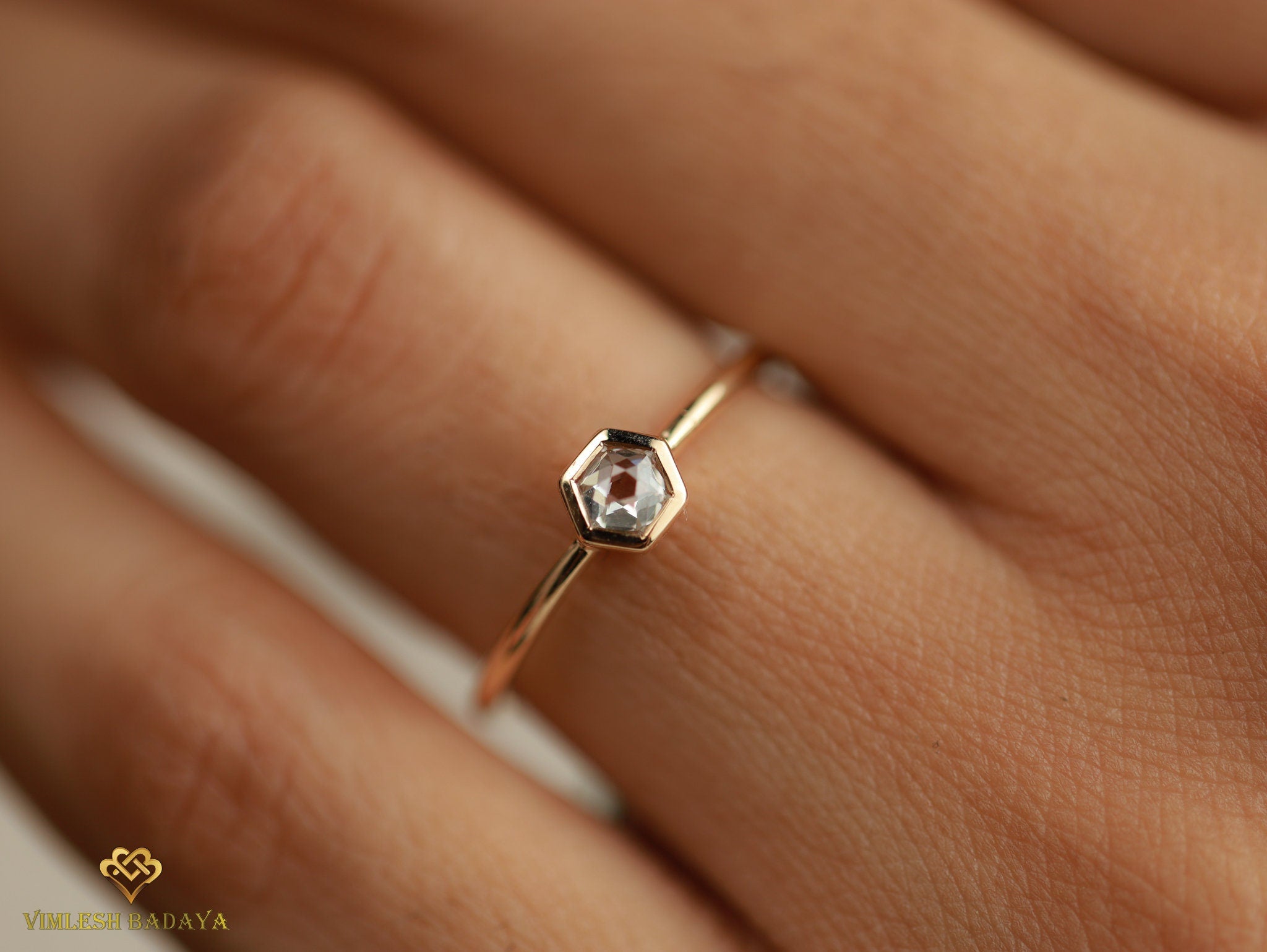 Hexagon Diamond Ring | Diamond Stacking Ring | Geometric Gold Diamond Band | Dainty Shape Jewelry -