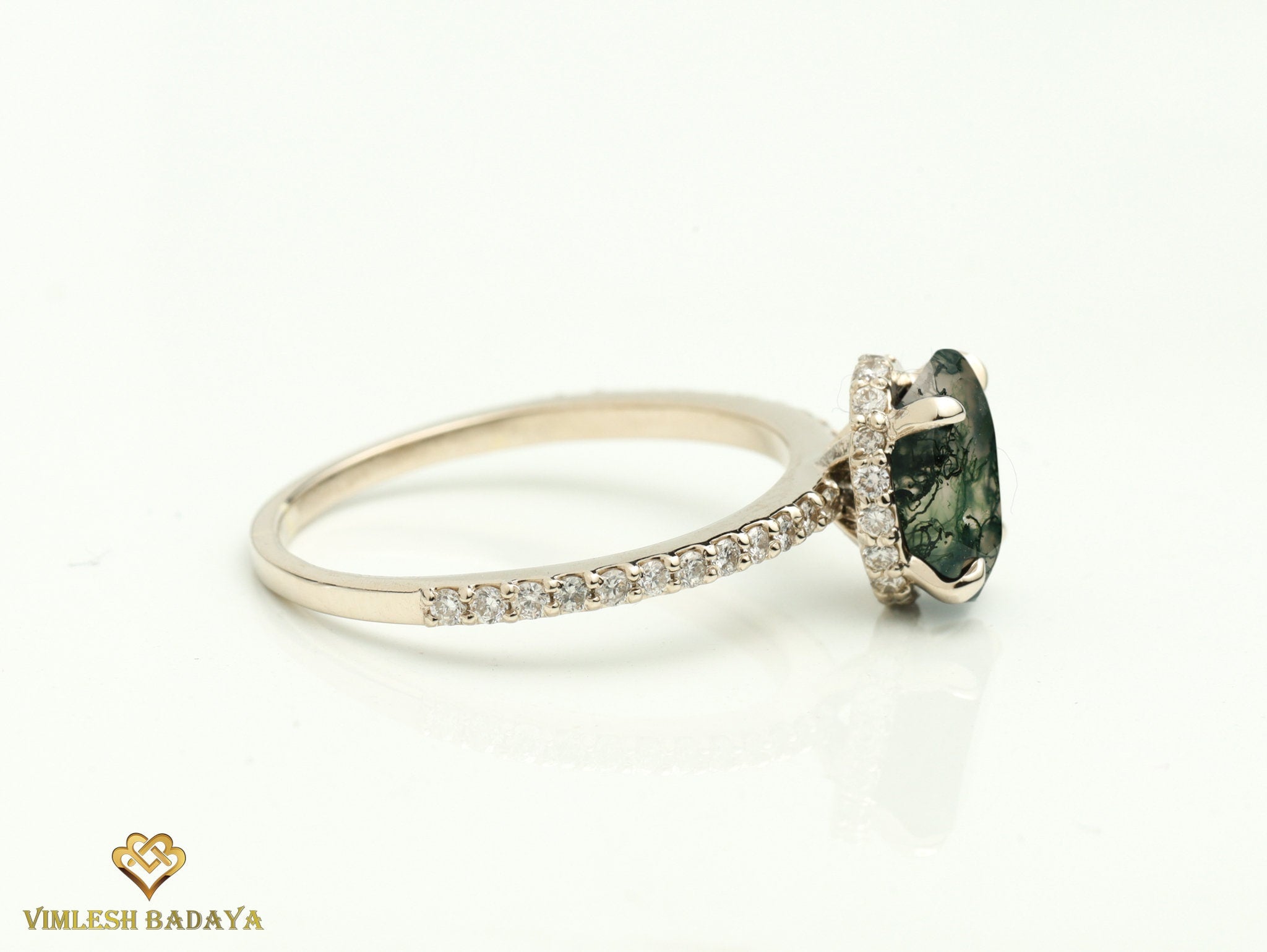 Moss Agate Engagement Ring | Hidden Halo Solitaire Diamond Ring | Promise Ring Anniversary Gift -