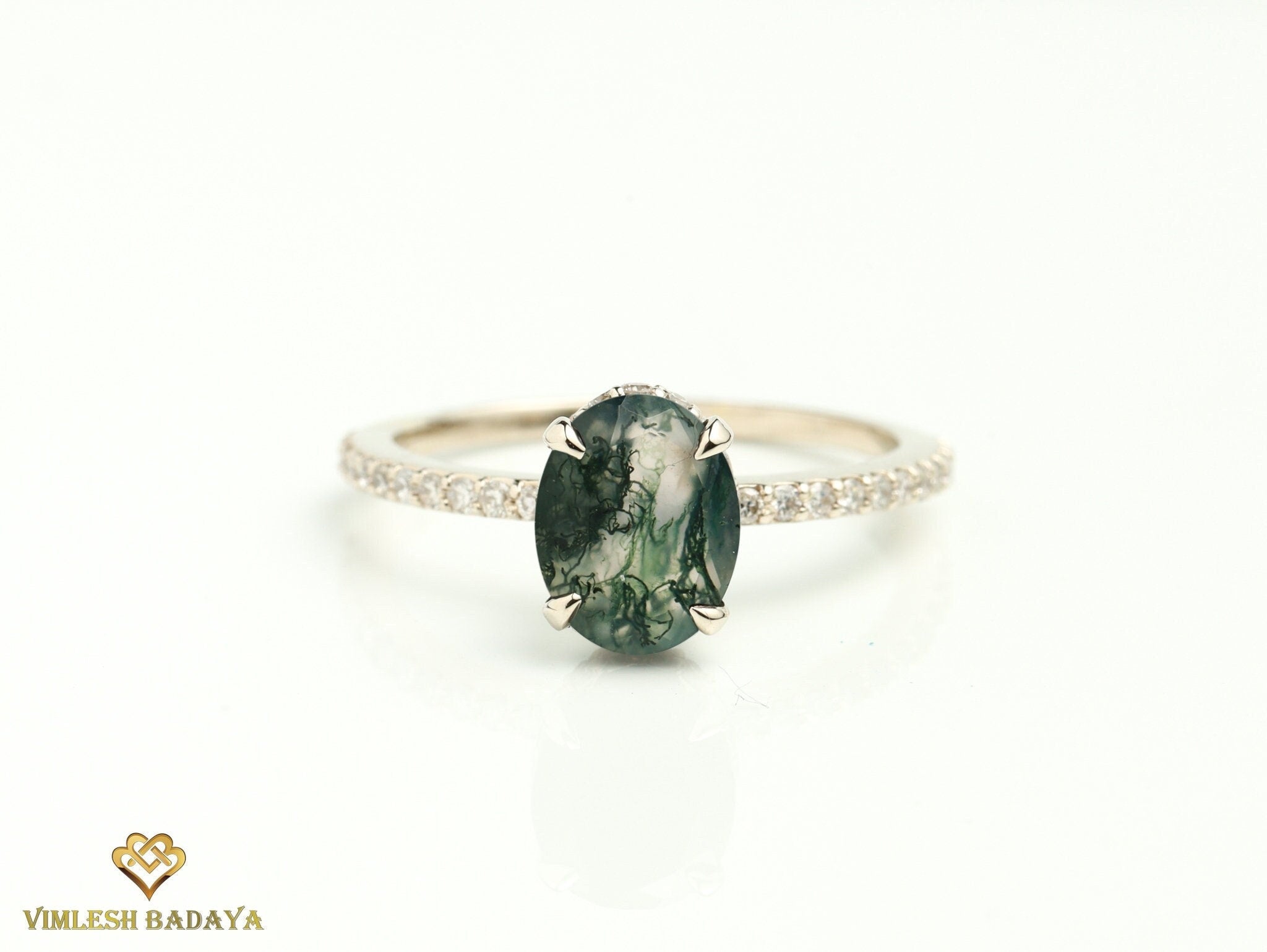 Moss Agate Engagement Ring | Hidden Halo Solitaire Diamond Ring | Promise Ring Anniversary Gift -