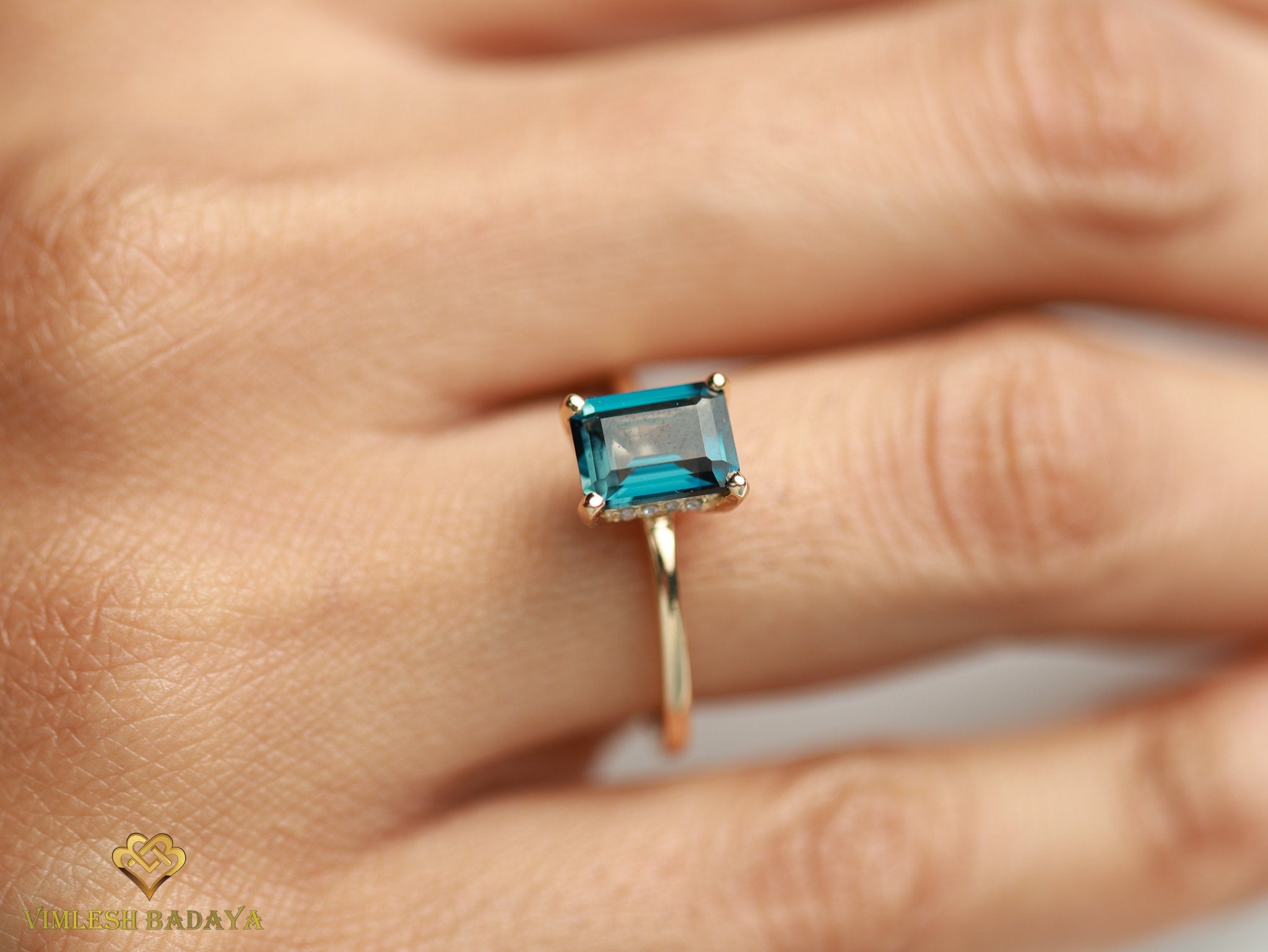 London Blue Topaz and Diamond Engagement Ring | Emerald Cut Engagement Ring | December Birthstone Ring -