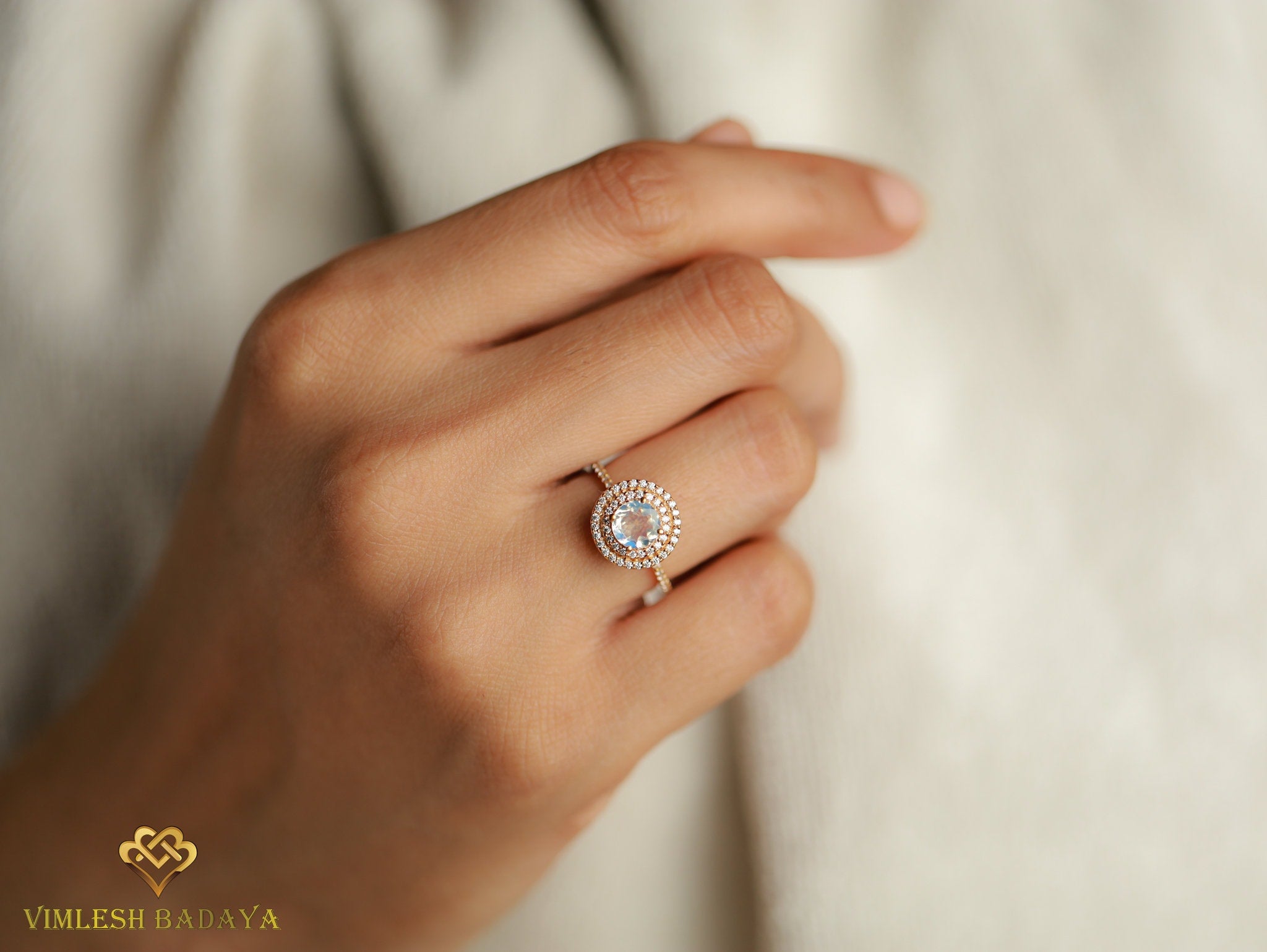 Moonstone Engagement Ring | Round Cut Moonstone | Diamond Halo | Anniversary Gift -