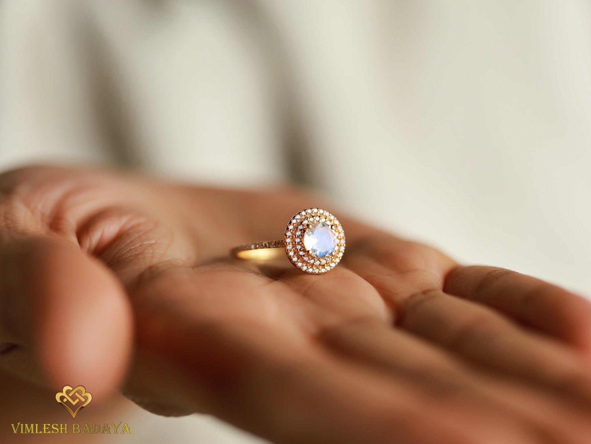 Moonstone Engagement Ring | Round Cut Moonstone | Diamond Halo | Anniversary Gift -