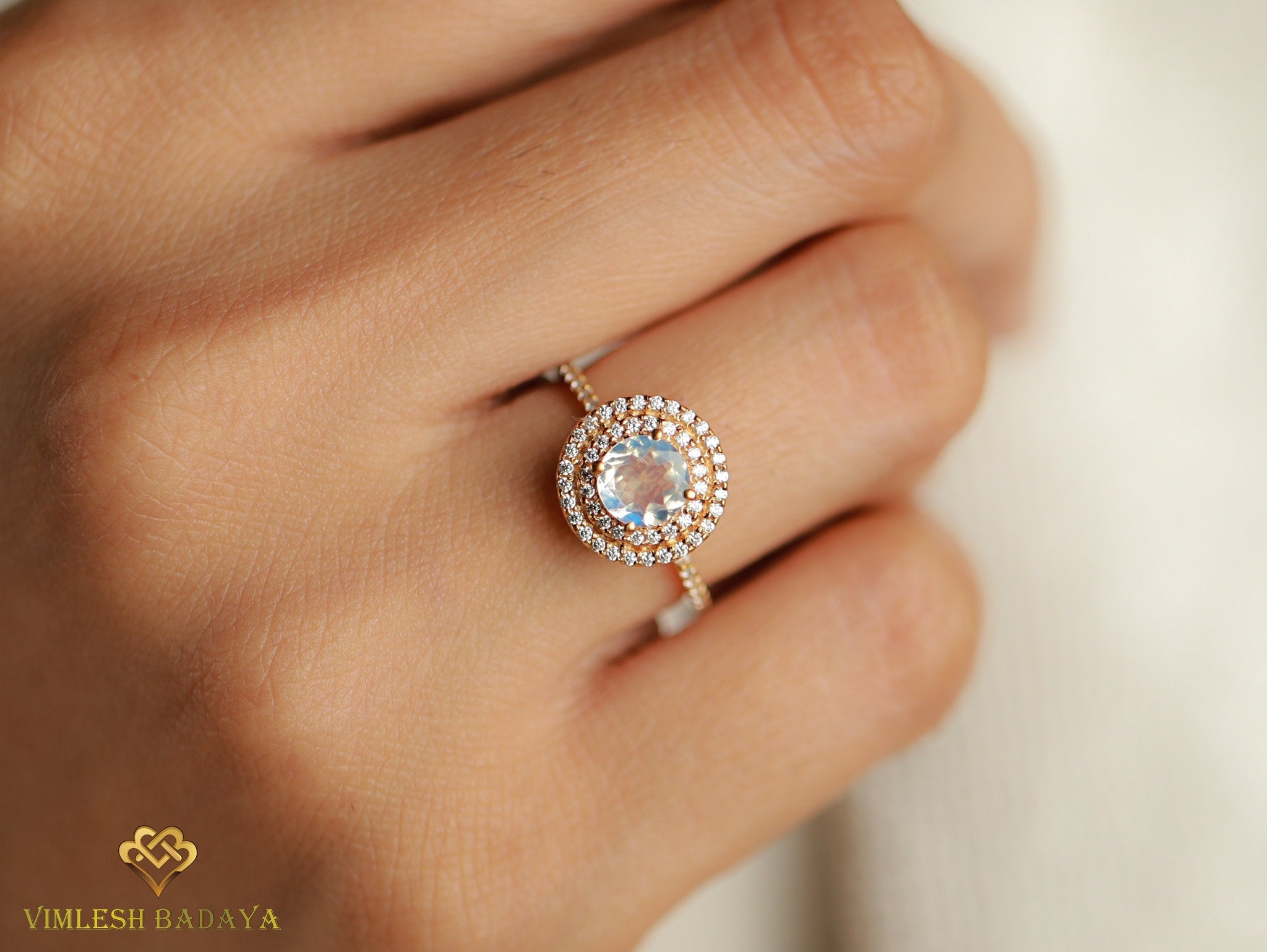 Moonstone Engagement Ring | Round Cut Moonstone | Diamond Halo | Anniversary Gift -