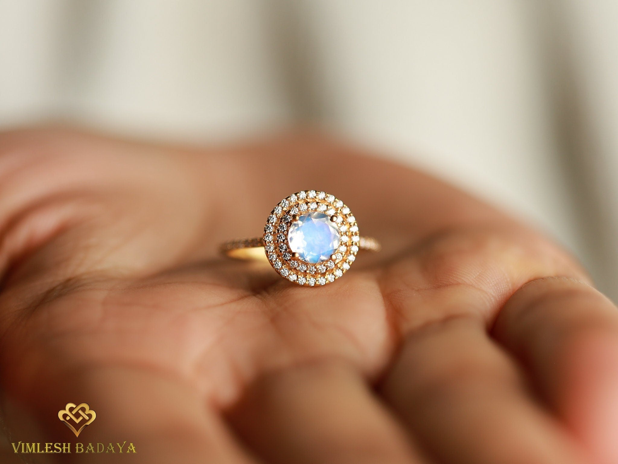 Moonstone Engagement Ring | Round Cut Moonstone | Diamond Halo | Anniversary Gift -