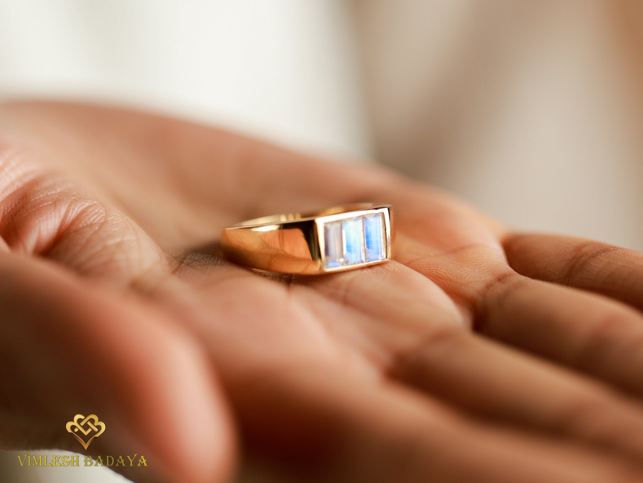 Moonstone Baguette Signet Ring | Solid Gold Moonstone Statement Ring | Unisex Gift -