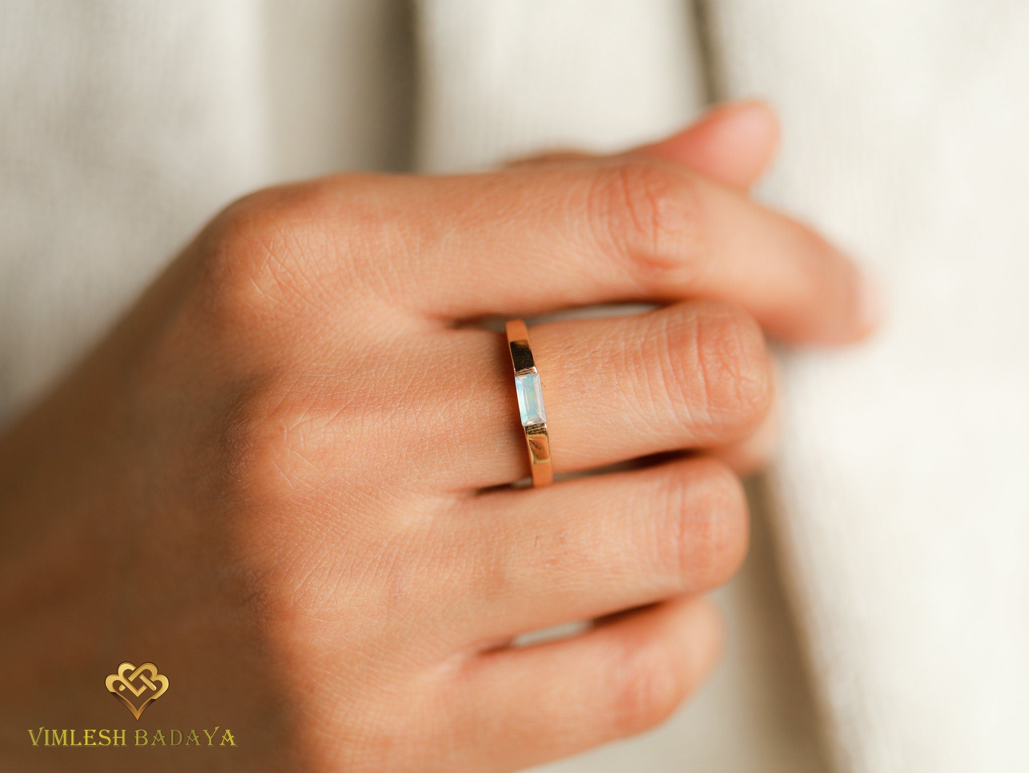 Moonstone Baguette Signet Ring | Solid Gold Moonstone Ring | Anniversary Gift Ring -